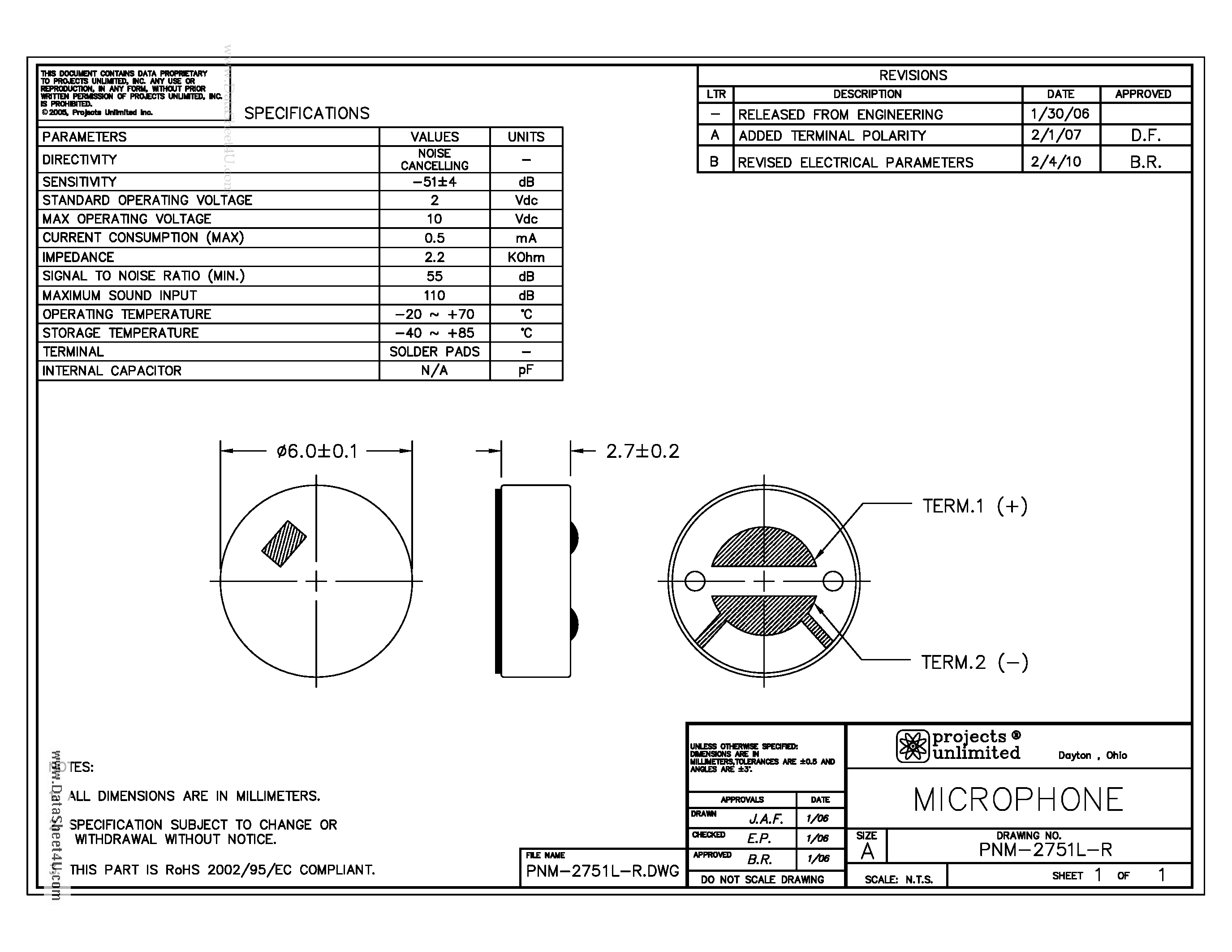 Даташит на микросхему PNM-2751L-R страница 1 Даташит PNM-2751L-R - MICROPHONE страница 1