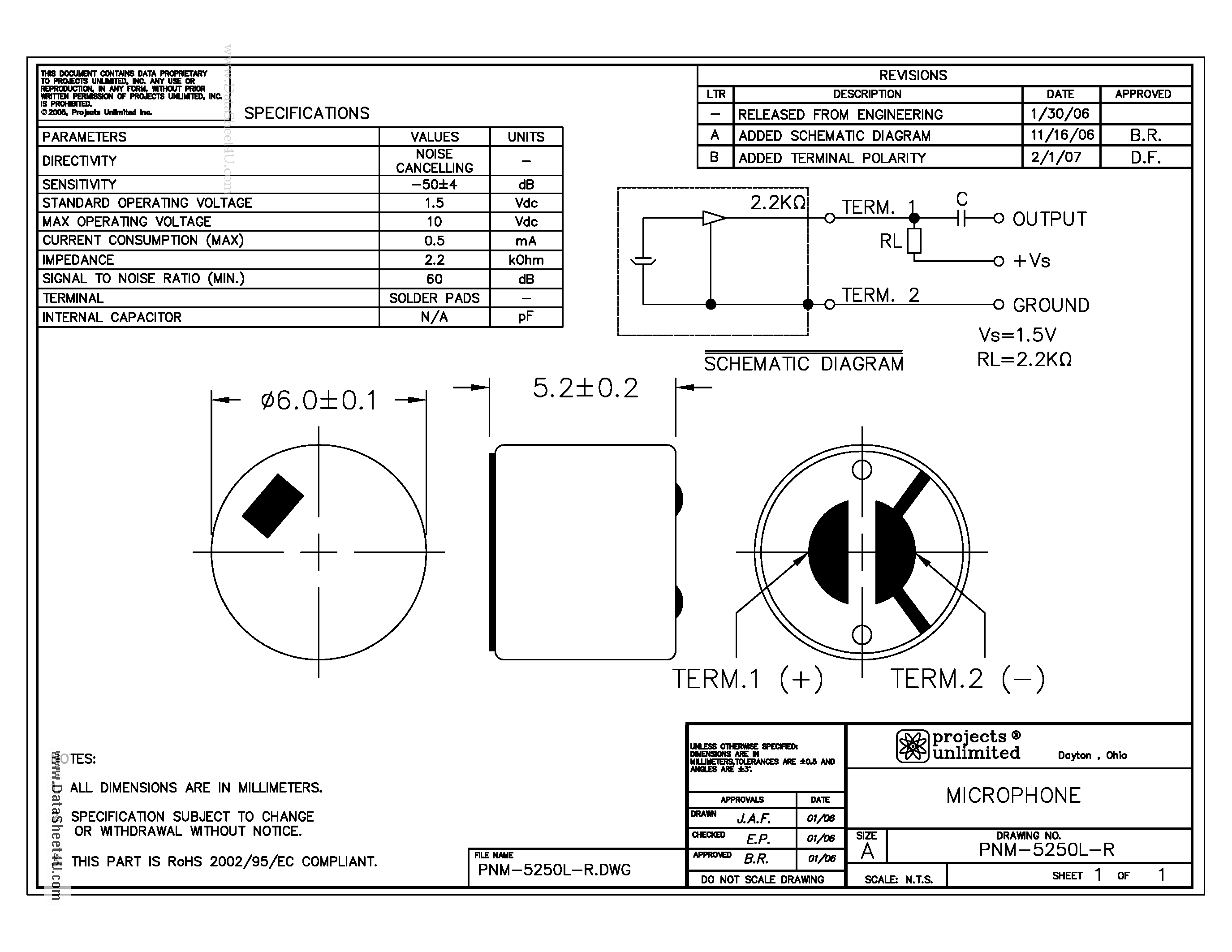 Datasheet PNM-5250L-R - MICROPHONE page 1