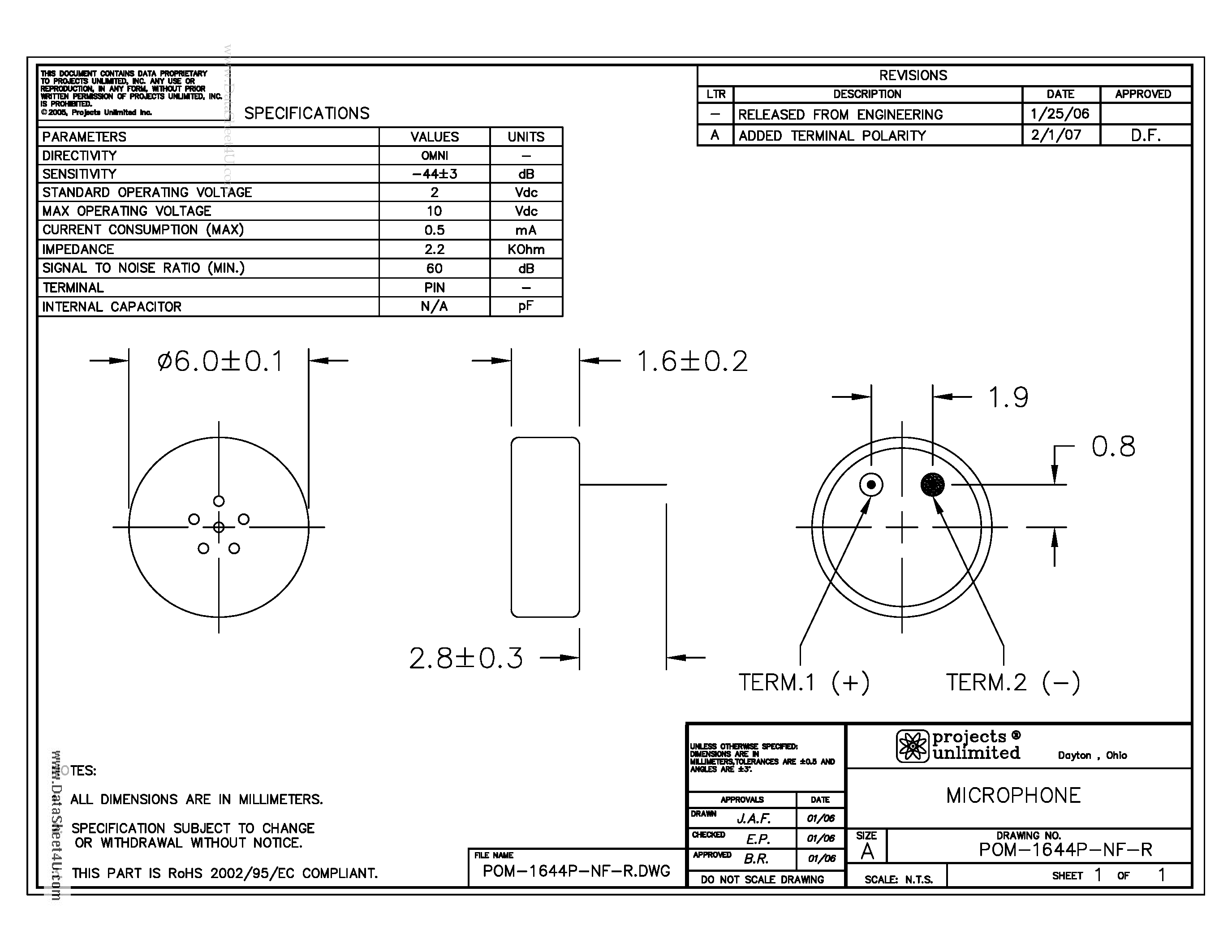 Даташит POM-1644P-NF-R - MICROPHONE страница 1
