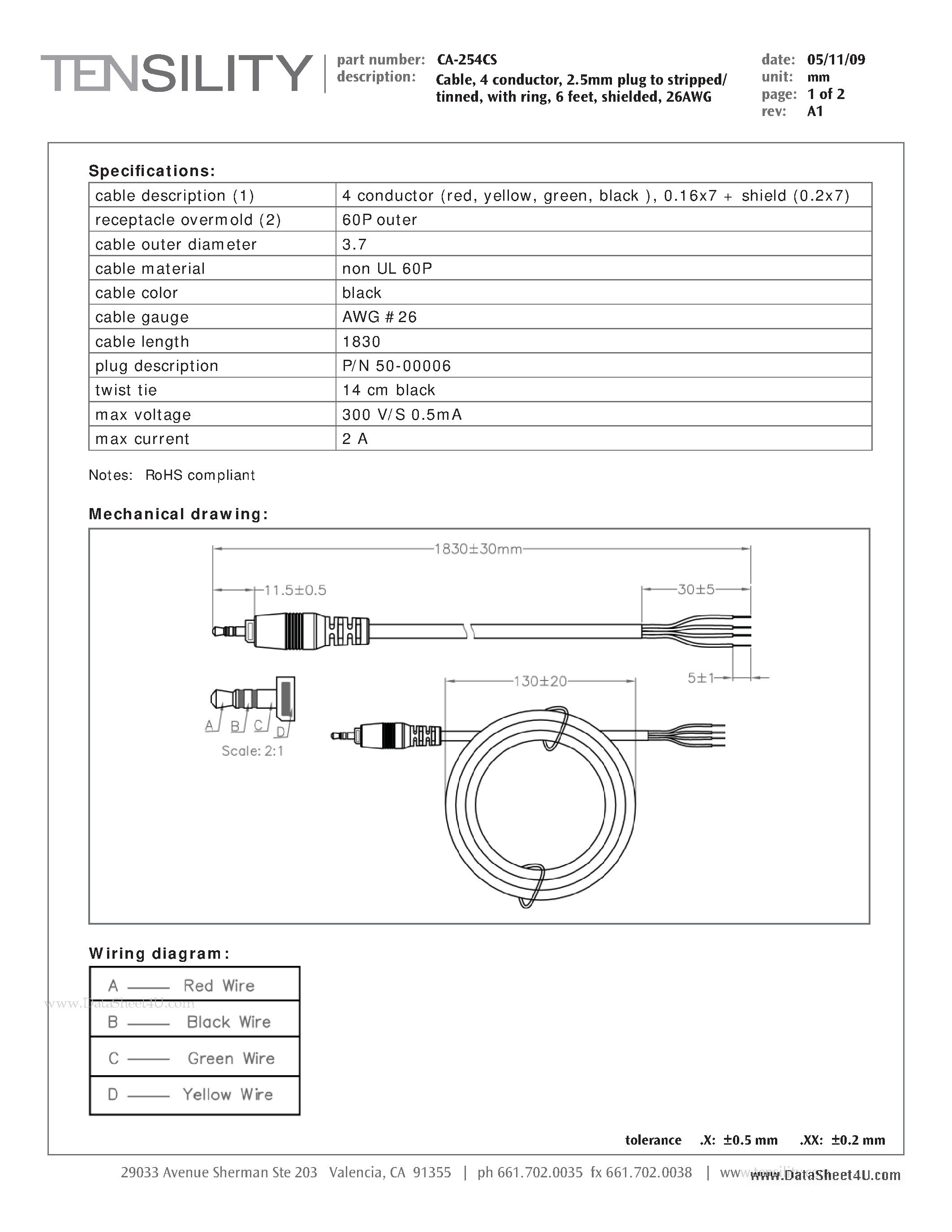 Datasheet CA-254CS - Cable / 4 conductor / 2.5mm plug to stripped/ tinned / with ring / 6 feet / shielded / 26AWG page 1