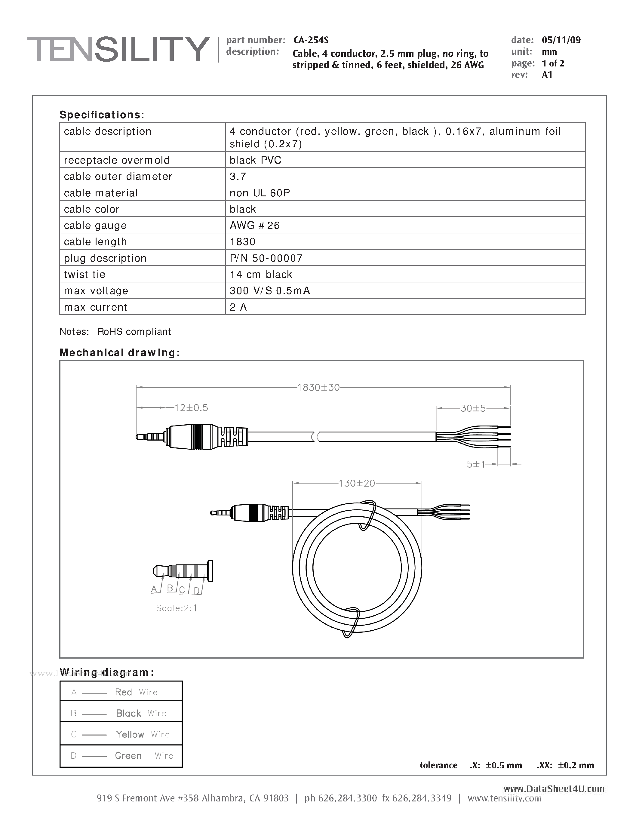 Datasheet CA-254S - Cable / 4 conductor / 2.5mm plug / no ring / to stripped & tinned / 6 feet / shielded / 26AWG page 1