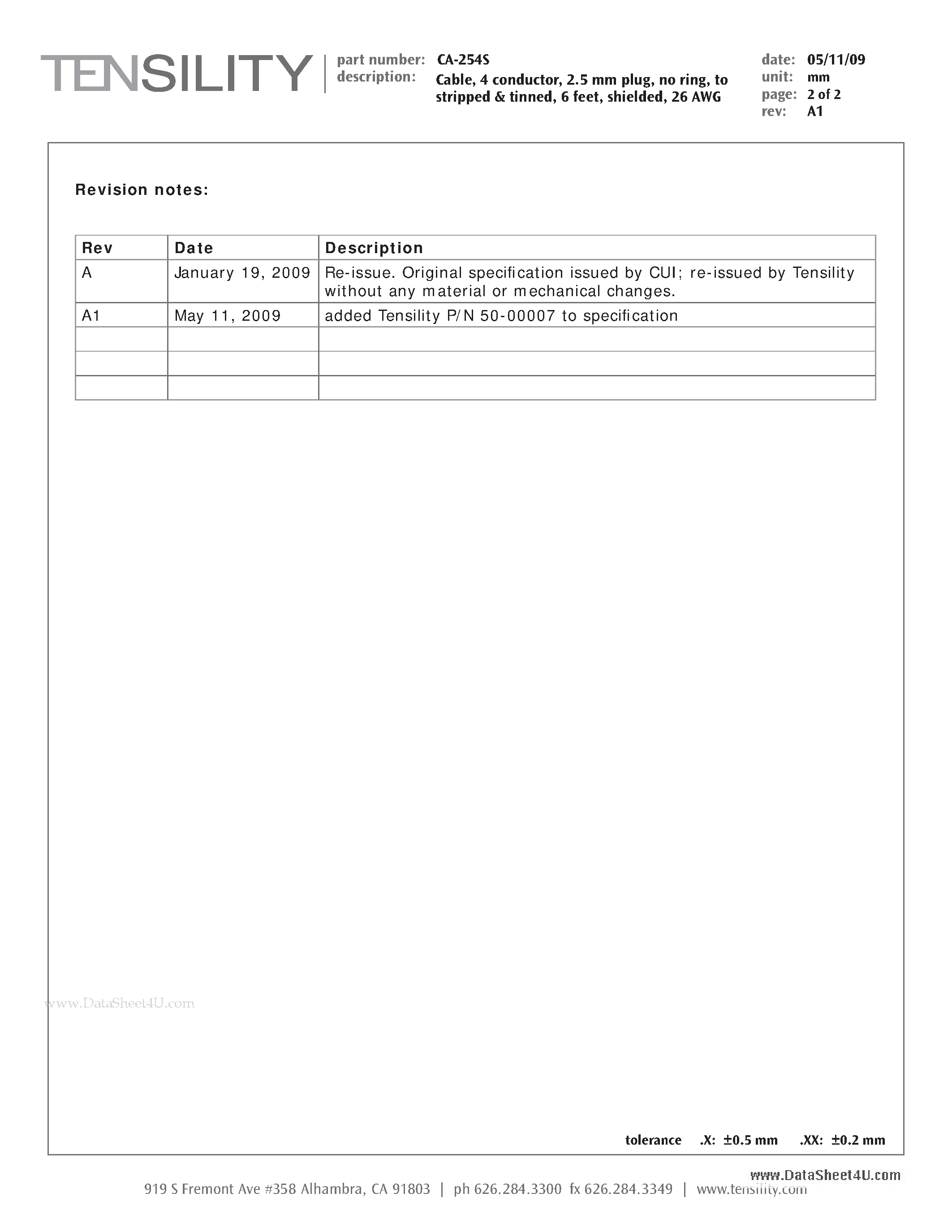 Datasheet CA-254S - Cable / 4 conductor / 2.5mm plug / no ring / to stripped & tinned / 6 feet / shielded / 26AWG page 2