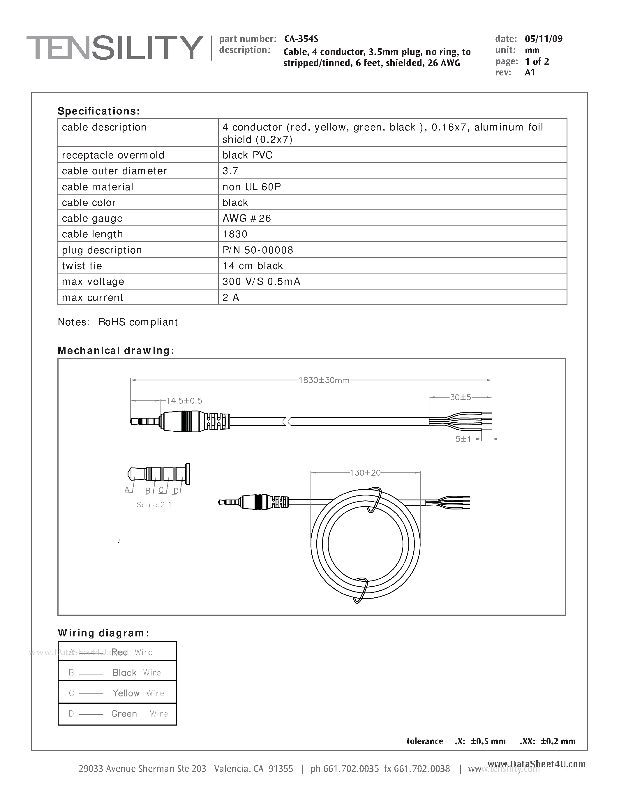 Datasheet CA-354S - Cable / 4 conductor / 3.5mm plug / no ring / to stripped/tinned / 6 feet / shielded / 26AWG page 1