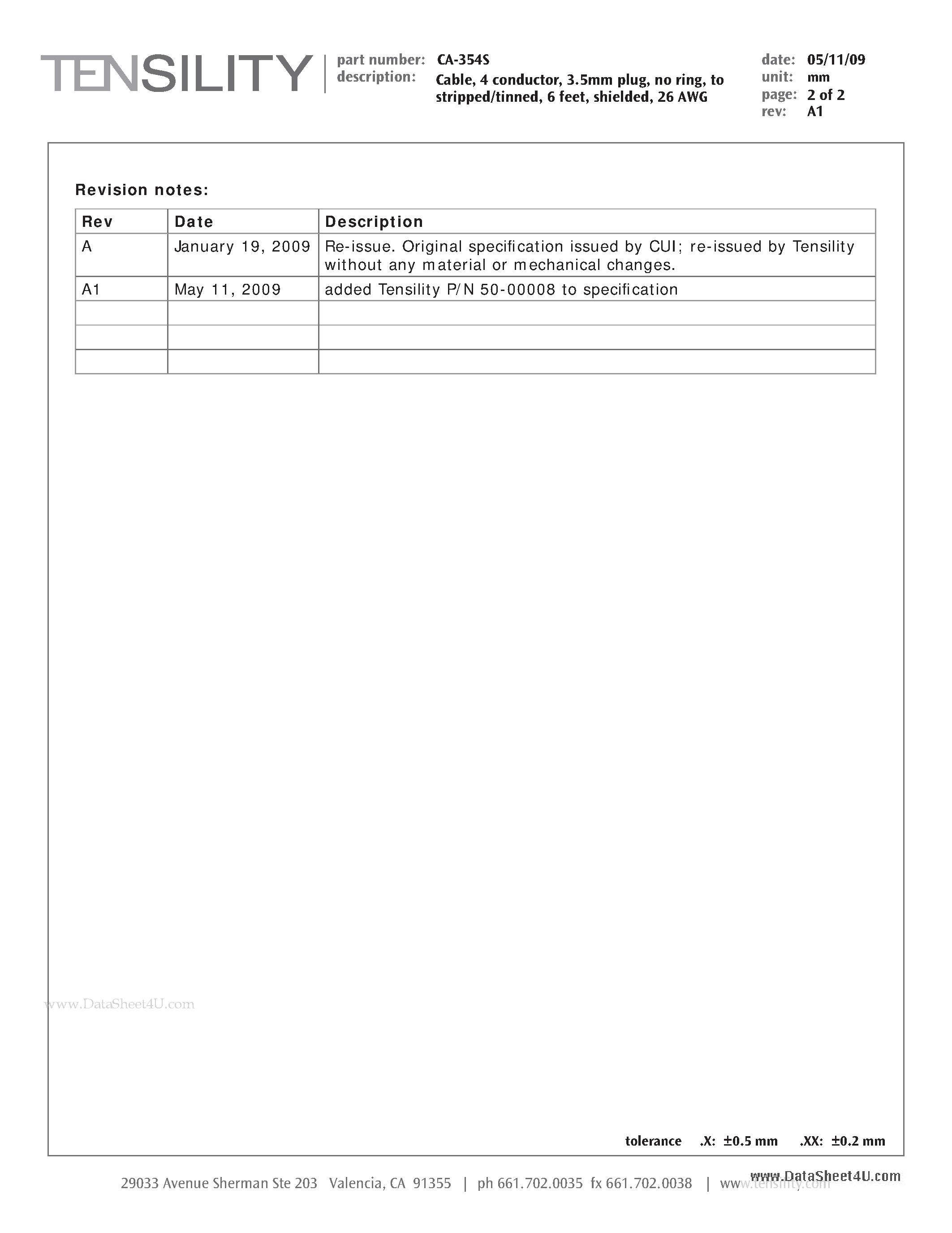 Datasheet CA-354S - Cable / 4 conductor / 3.5mm plug / no ring / to stripped/tinned / 6 feet / shielded / 26AWG page 2