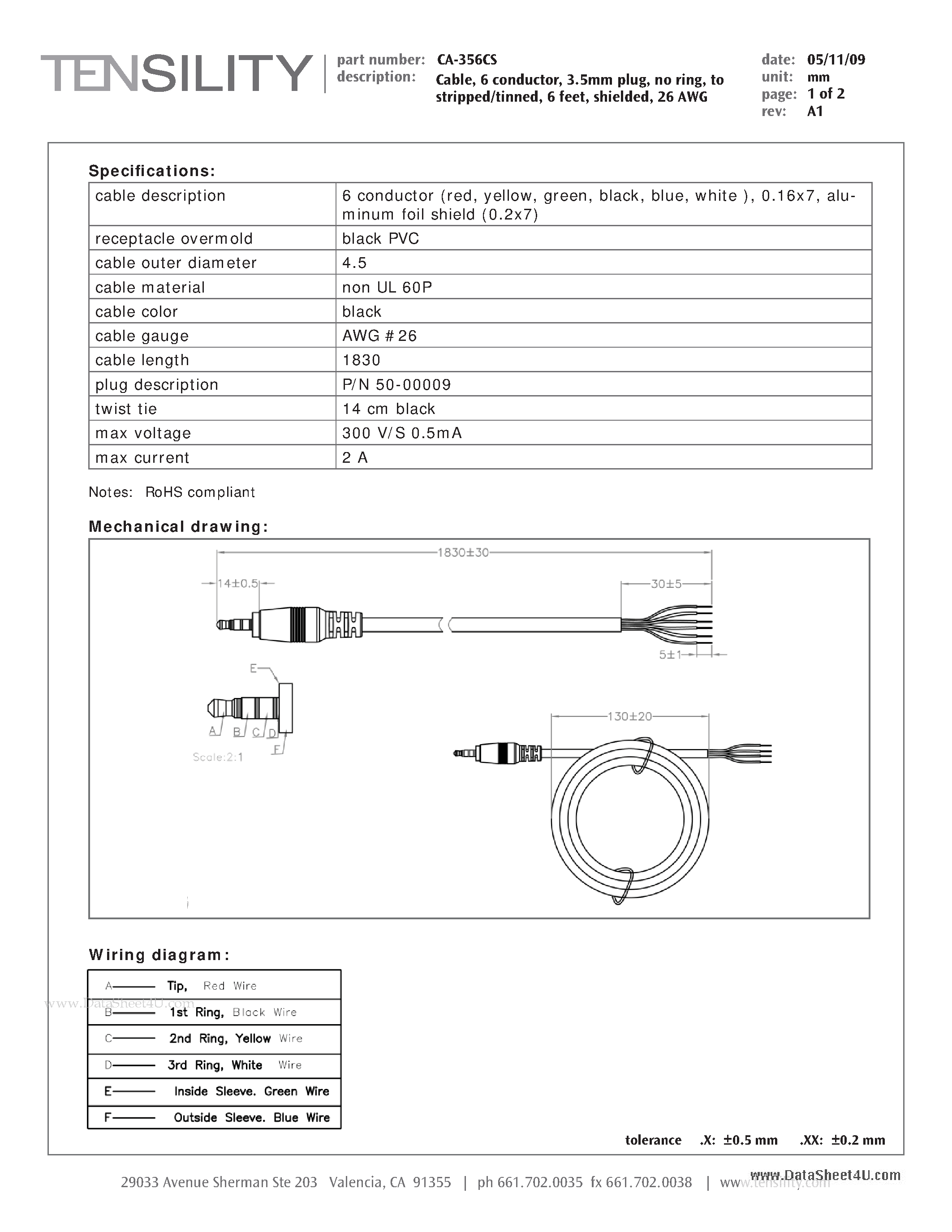 Datasheet CA-356CS - Cable / 6 conductor / 3.5mm plug / no ring / to stripped/tinned / 6 feet / shielded / 26AWG page 1