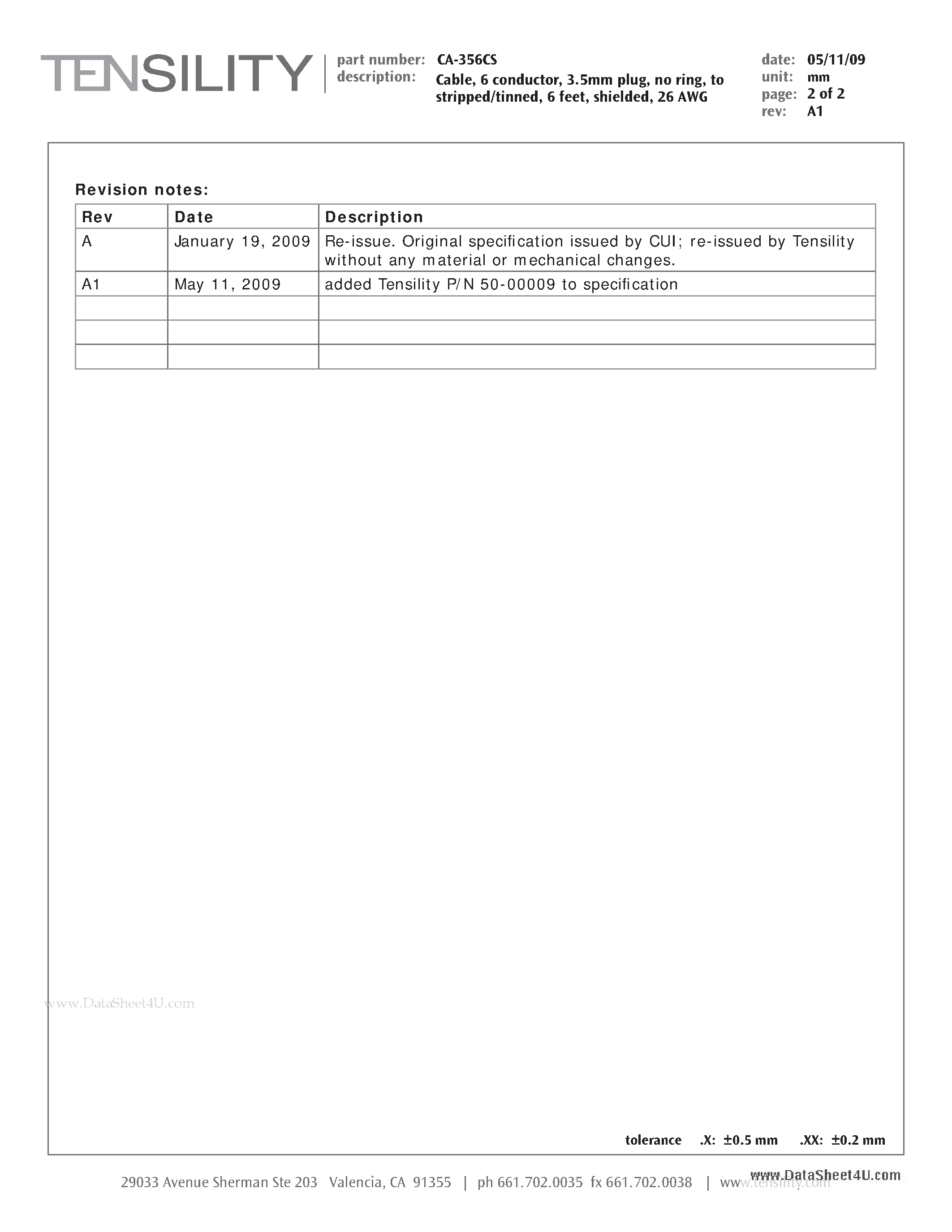 Datasheet CA-356CS - Cable / 6 conductor / 3.5mm plug / no ring / to stripped/tinned / 6 feet / shielded / 26AWG page 2
