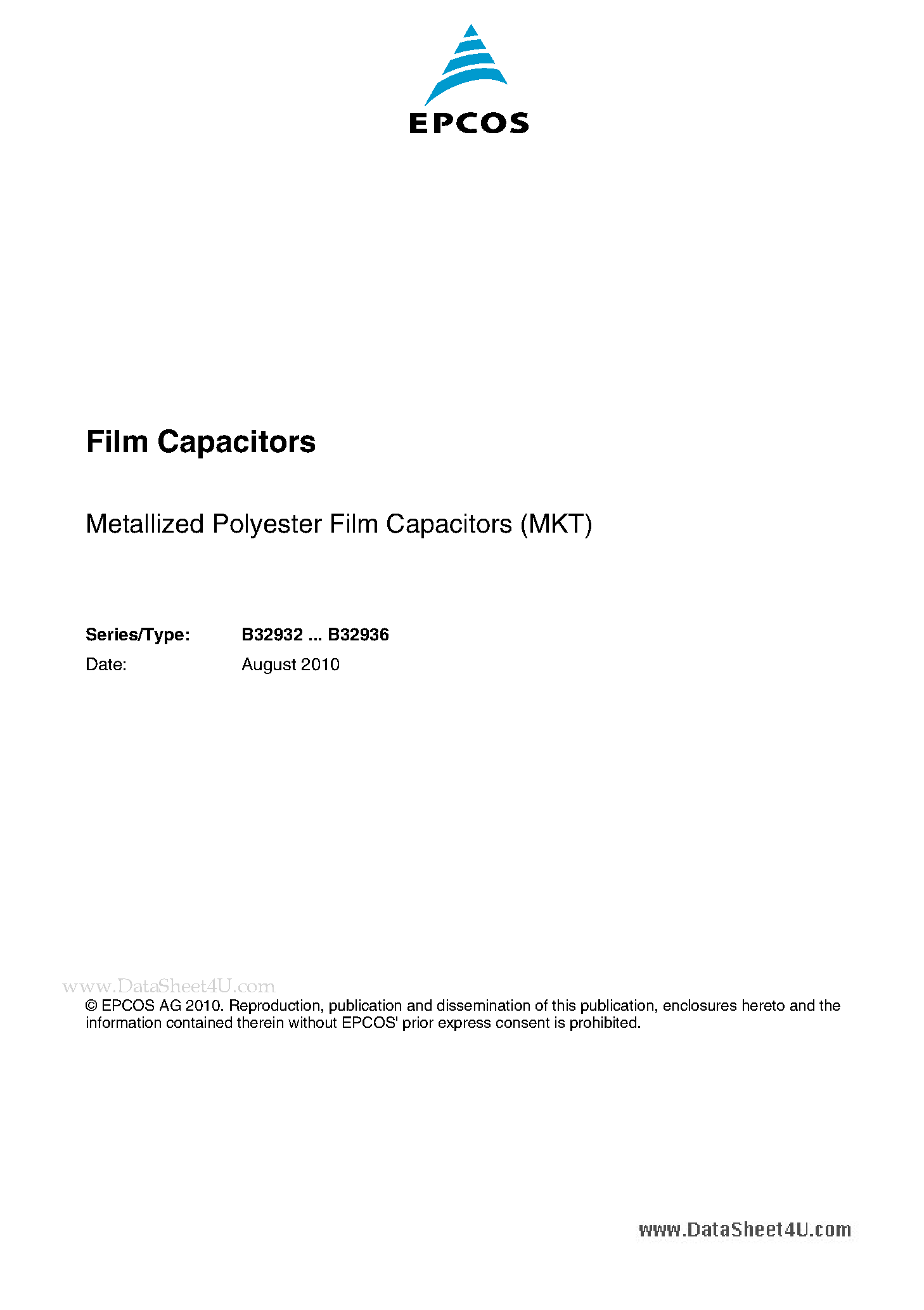 Datasheet B32932 - Metallized Polyester Film Capacitors (MKT) page 1