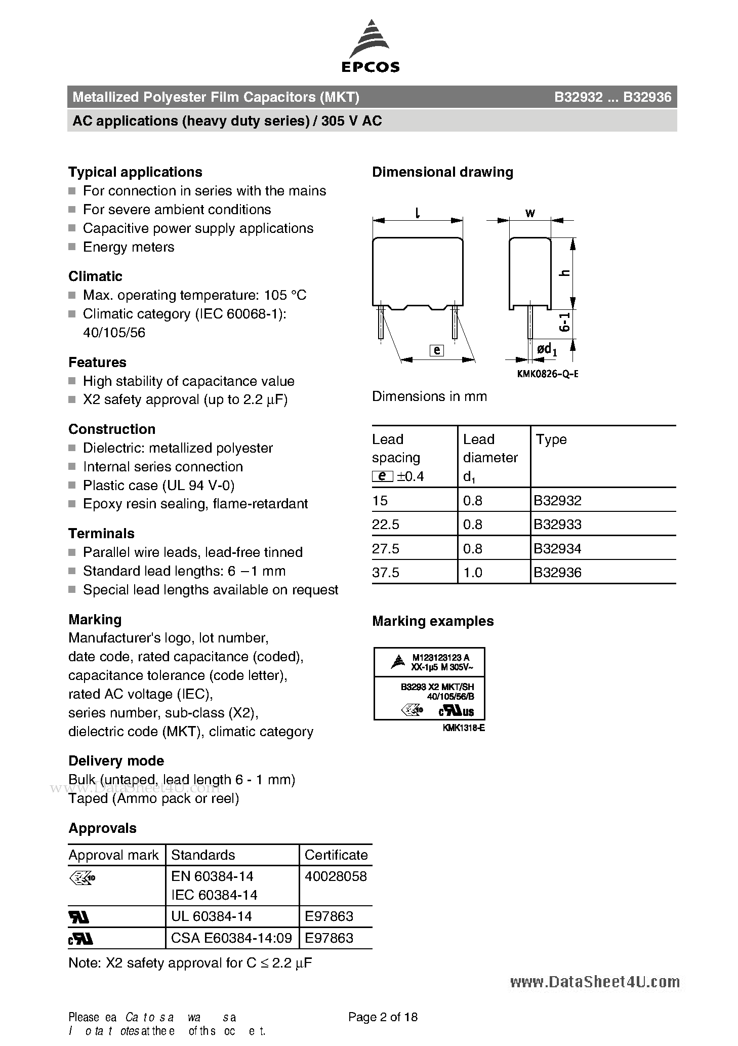 Datasheet B32932 - Metallized Polyester Film Capacitors (MKT) page 2