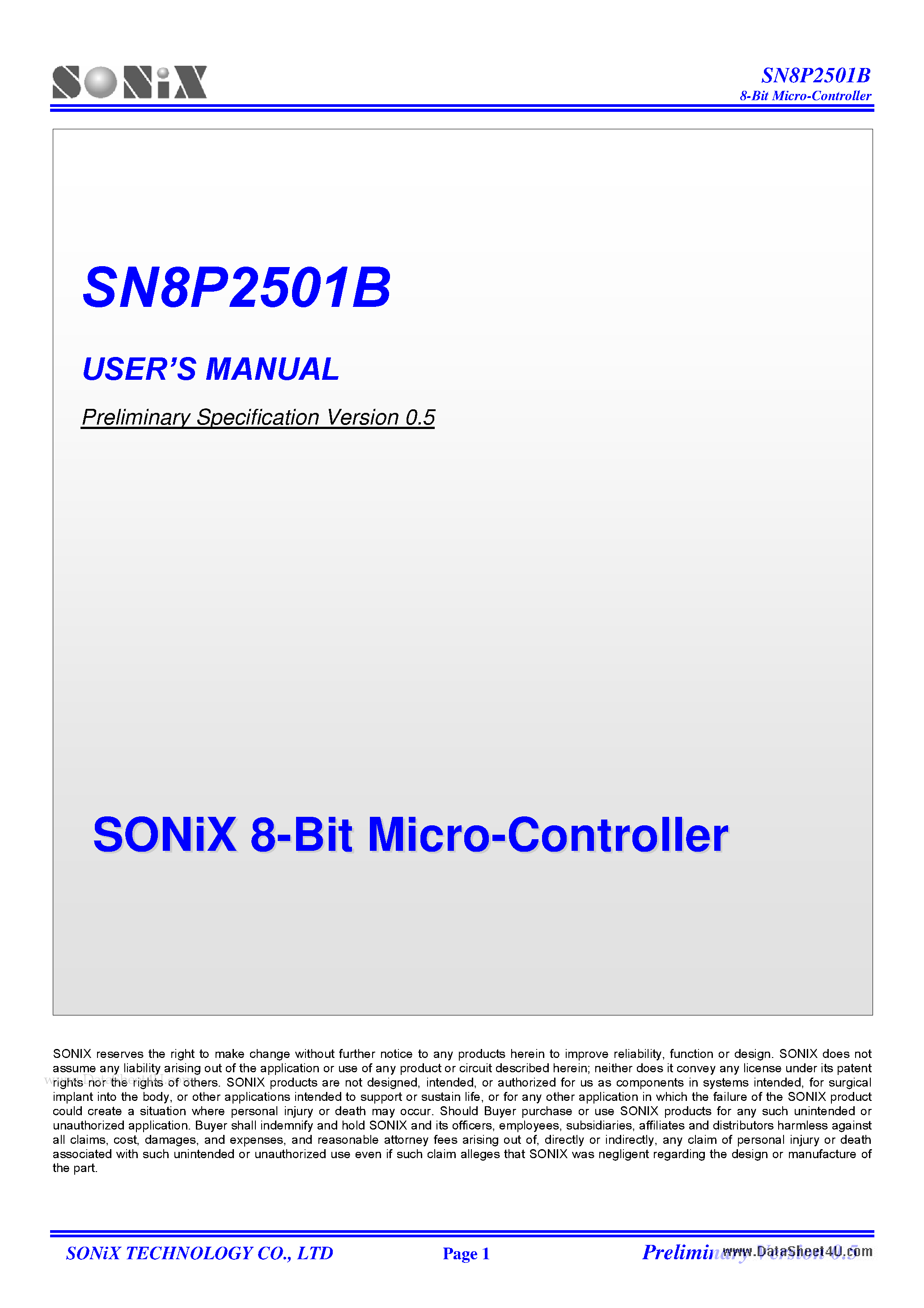 Datasheet SN8P2501B page 1 Datasheet SN8P2501B - 8-Bit Micro-Controller page 1