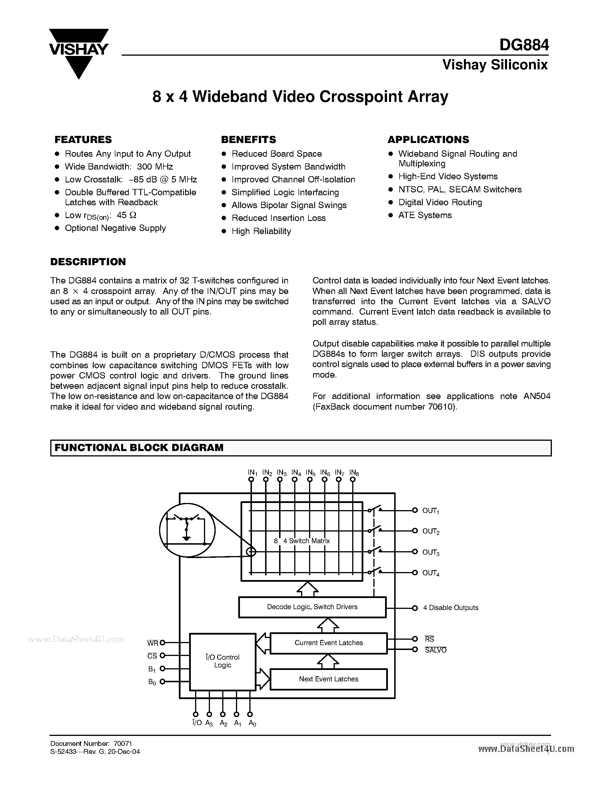 Datasheet DG884 - 8 x 4 Wideband Video Crosspoint Array page 1