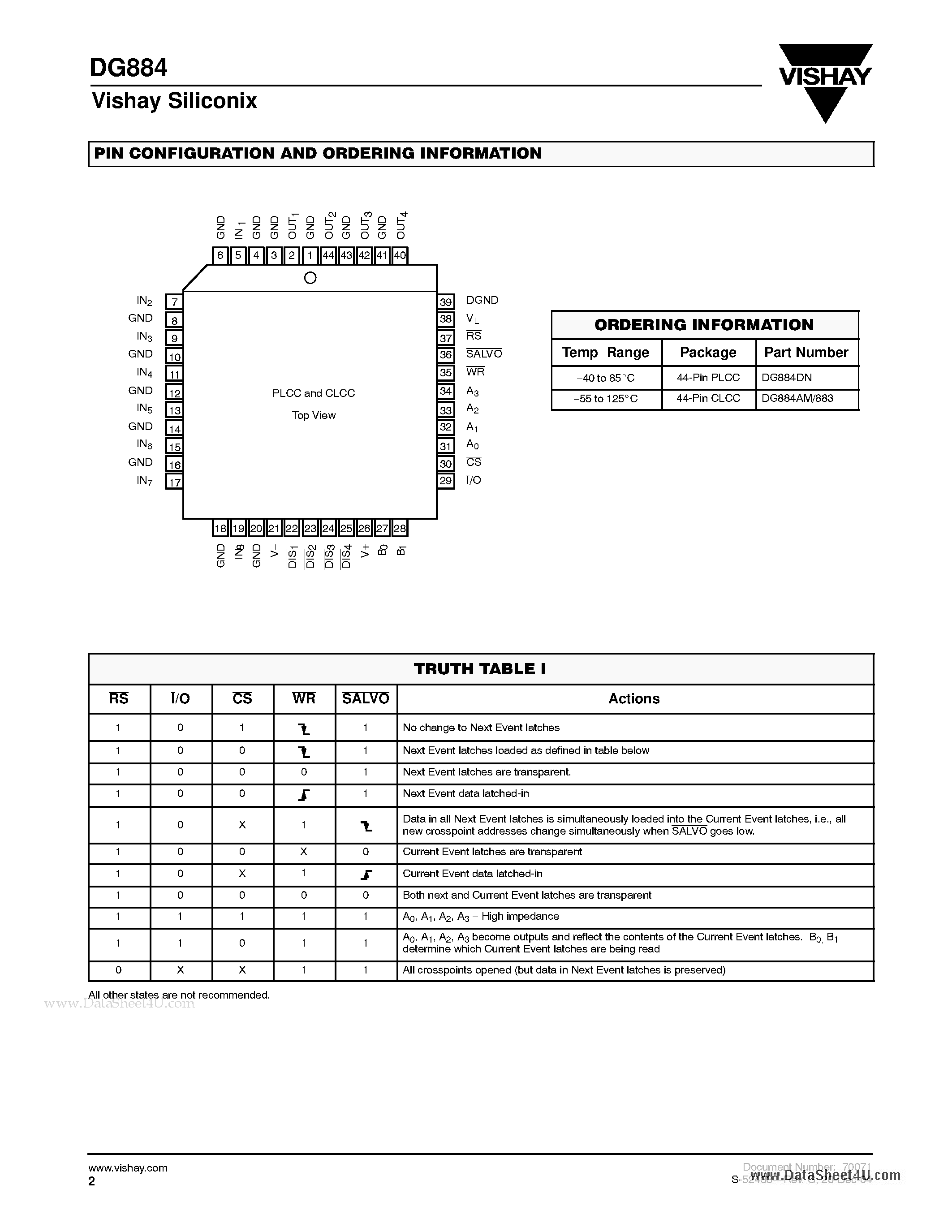 Datasheet DG884 - 8 x 4 Wideband Video Crosspoint Array page 2