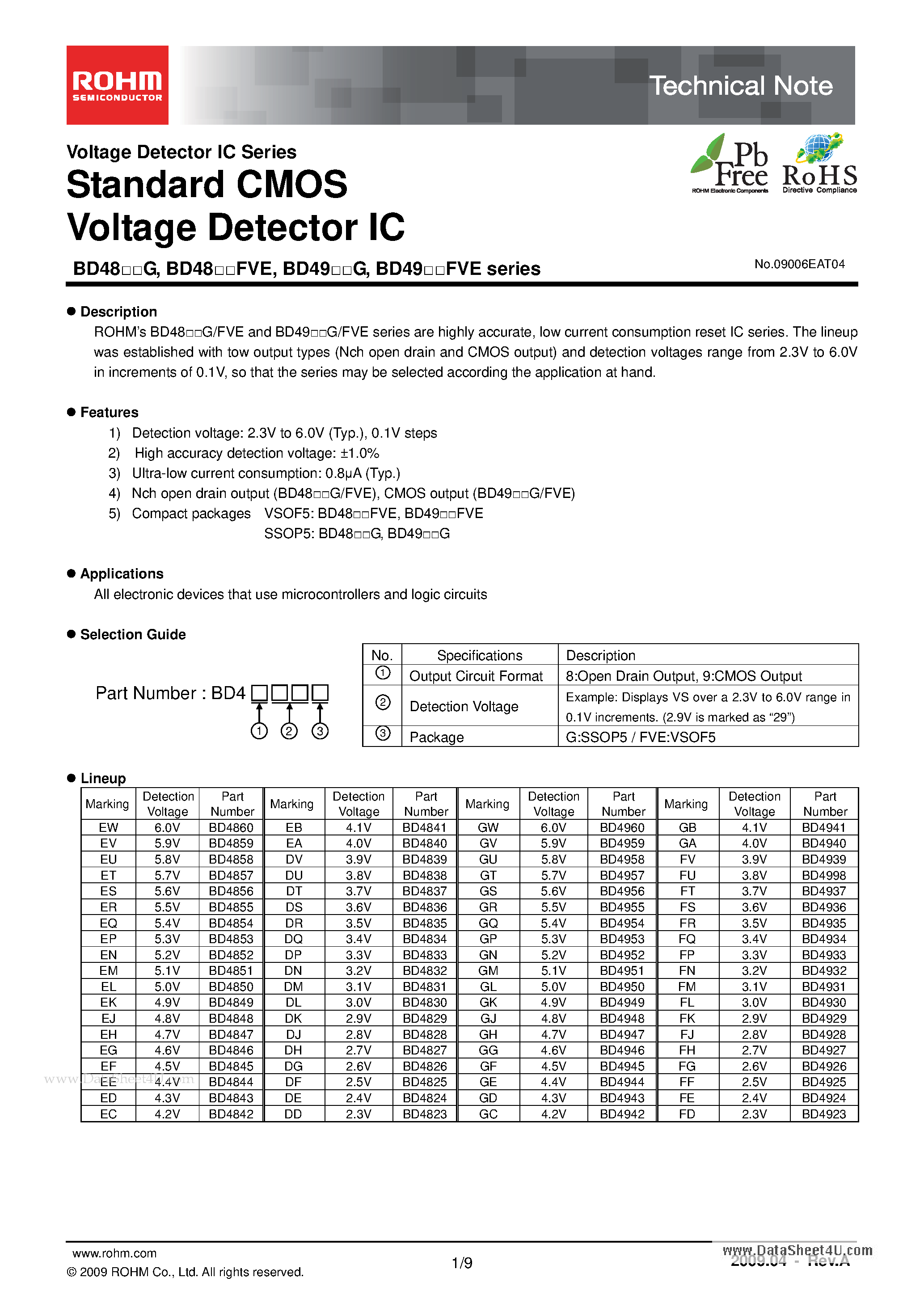 Даташит BD4998 - Standard CMOS Voltage Detector IC страница 1
