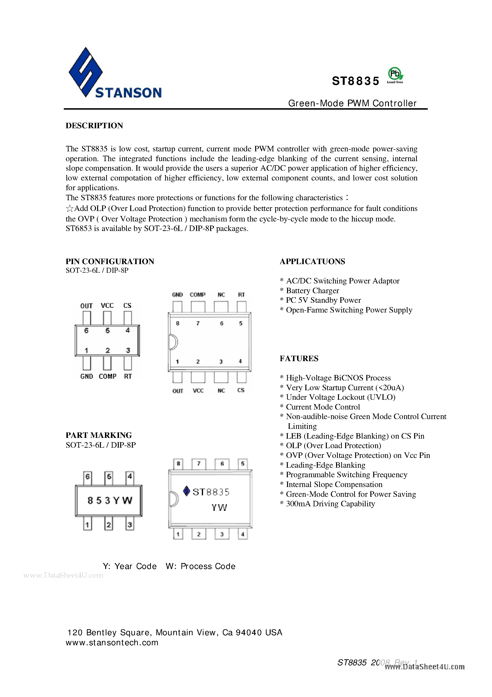 Datasheet ST8835 page 1 Datasheet ST8835 - Green-Mode PWM Controller page 1