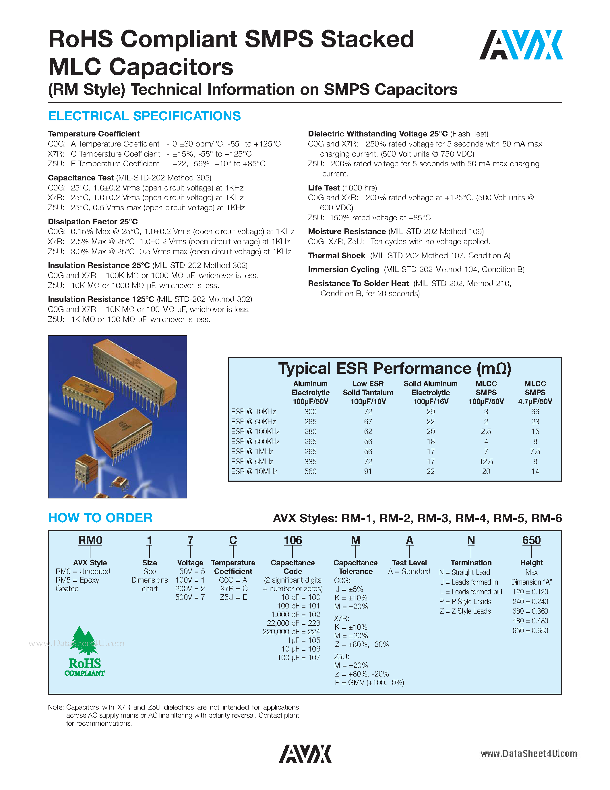 Datasheet RM0 page 1 Datasheet RM0 - RoHS Compliant SMPS Stacked MLC Capacitors page 1