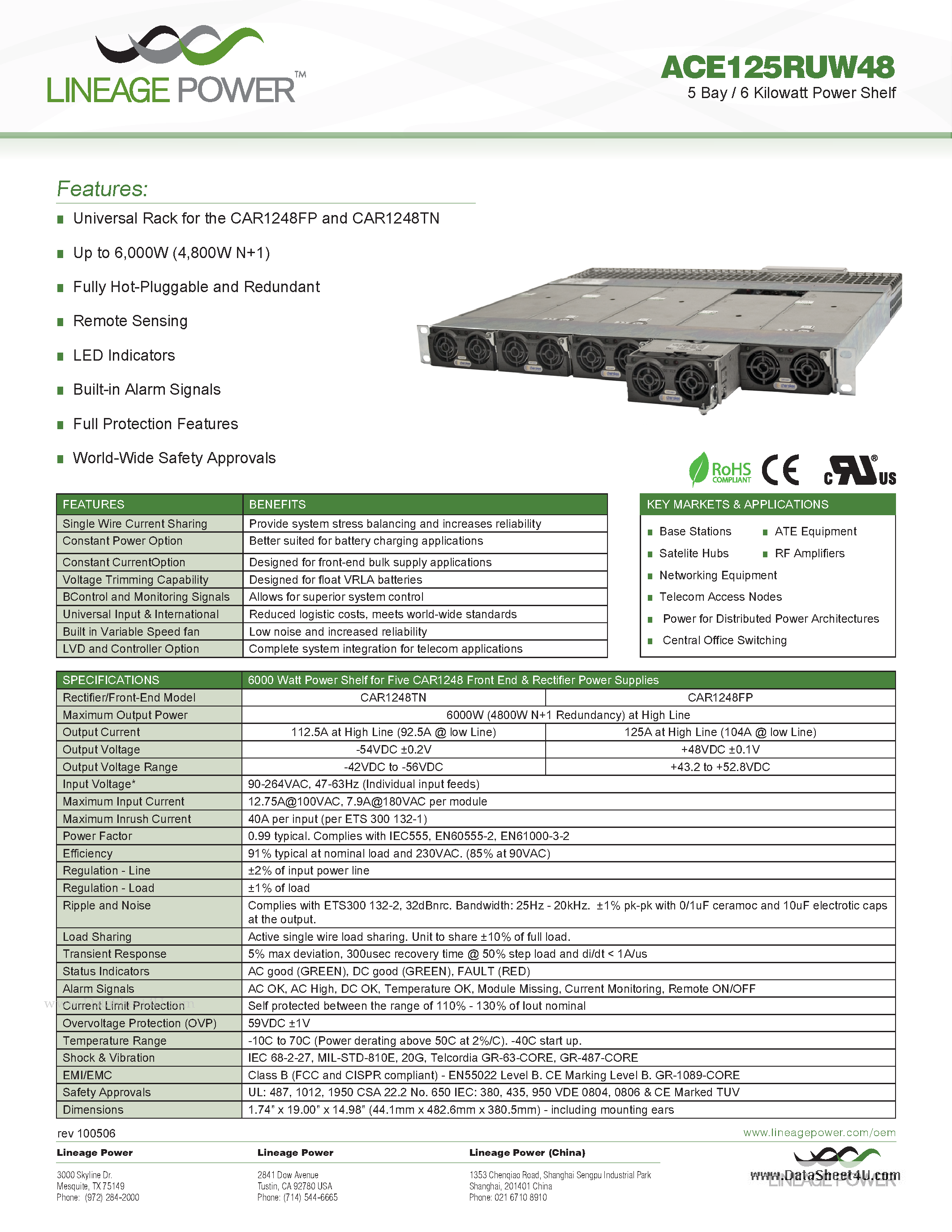 Datasheet ACE125RUW48 page 1 Datasheet ACE125RUW48 - 5 Bay / 6 Kilowatt Power Shelf page 1