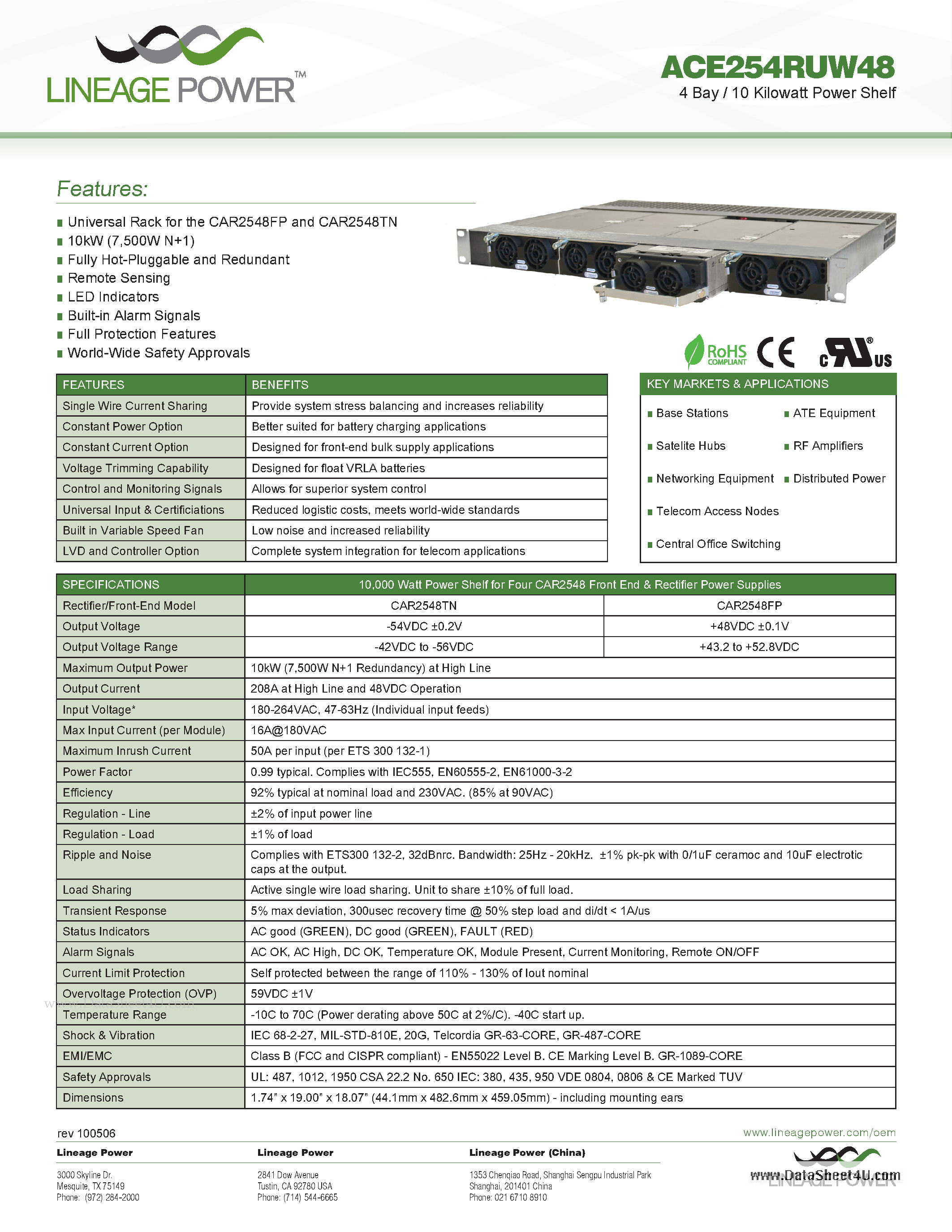 Datasheet ACE254RUW48 page 1 Datasheet ACE254RUW48 - 4 Bay / 10 Kilowatt Power Shelf page 1