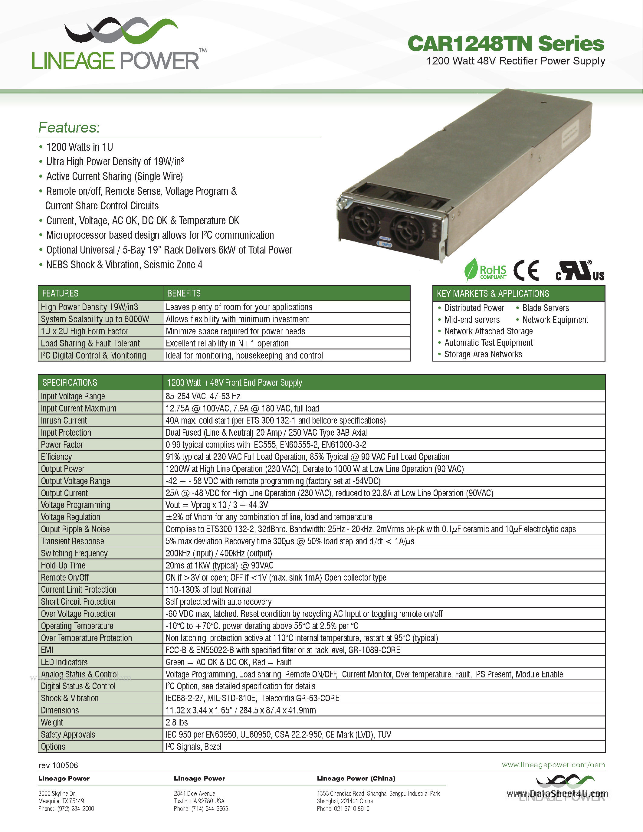Datasheet CAR1248TN page 1 Datasheet CAR1248TN - 1200 Watt 48V Rectifier Power Supply page 1