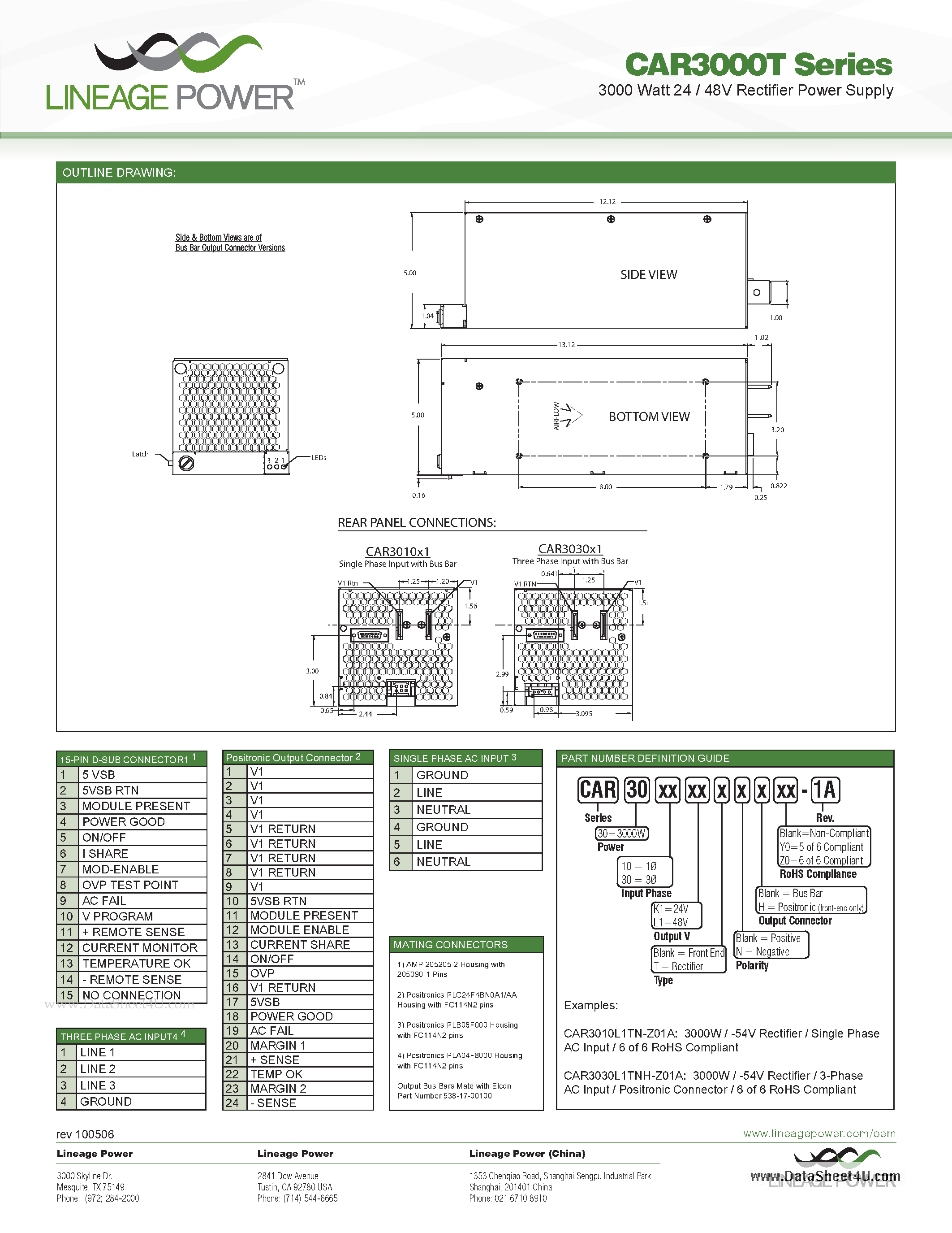 Datasheet CAR3000T - 3000 Watt 24 / 48V Rectifier Power Supply page 2