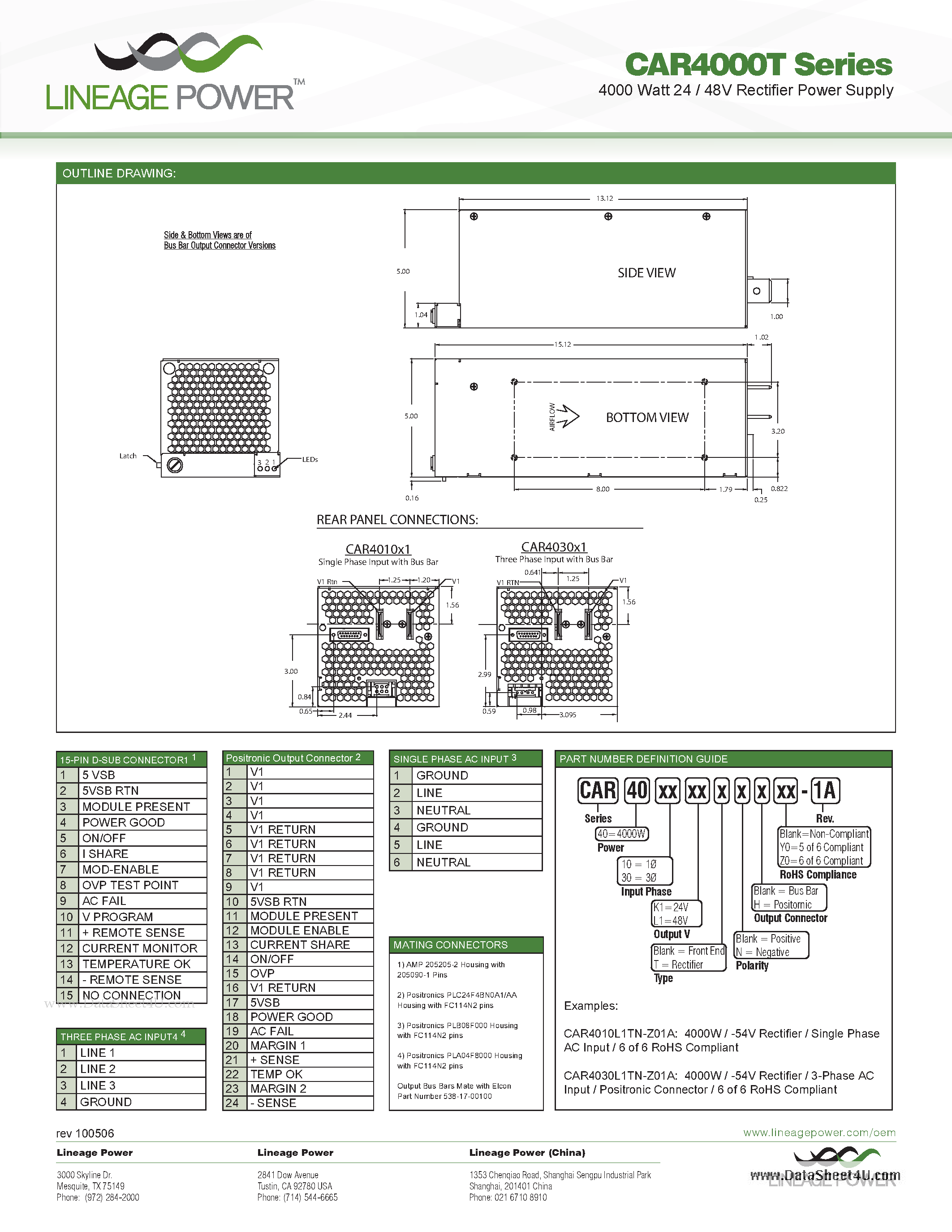 Datasheet CAR4000T page 2 Datasheet CAR4000T - 4000 Watt 24 / 48V Rectifier Power Supply page 2