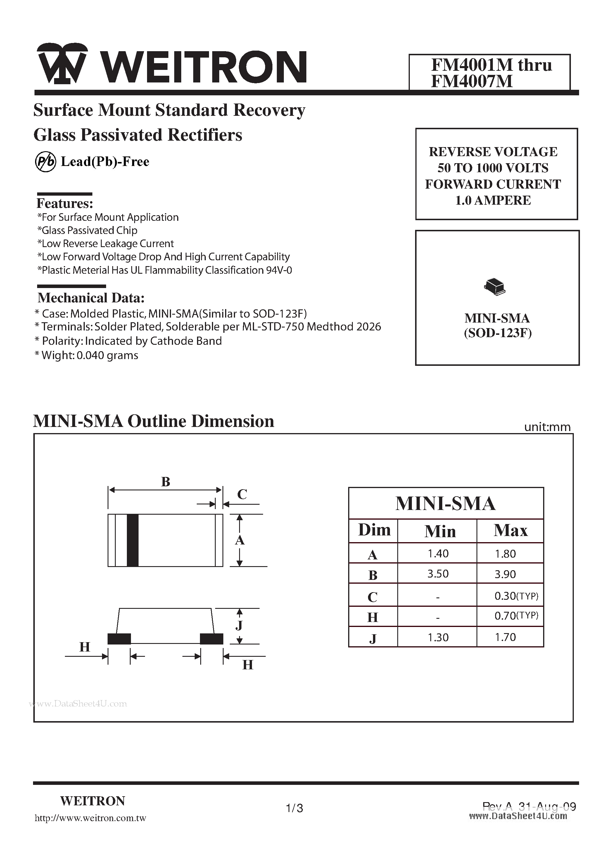 Datasheet FM4001M page 1 Datasheet FM4001M - Surface Mount Standard Recovery Glass Passivated Rectifiers page 1