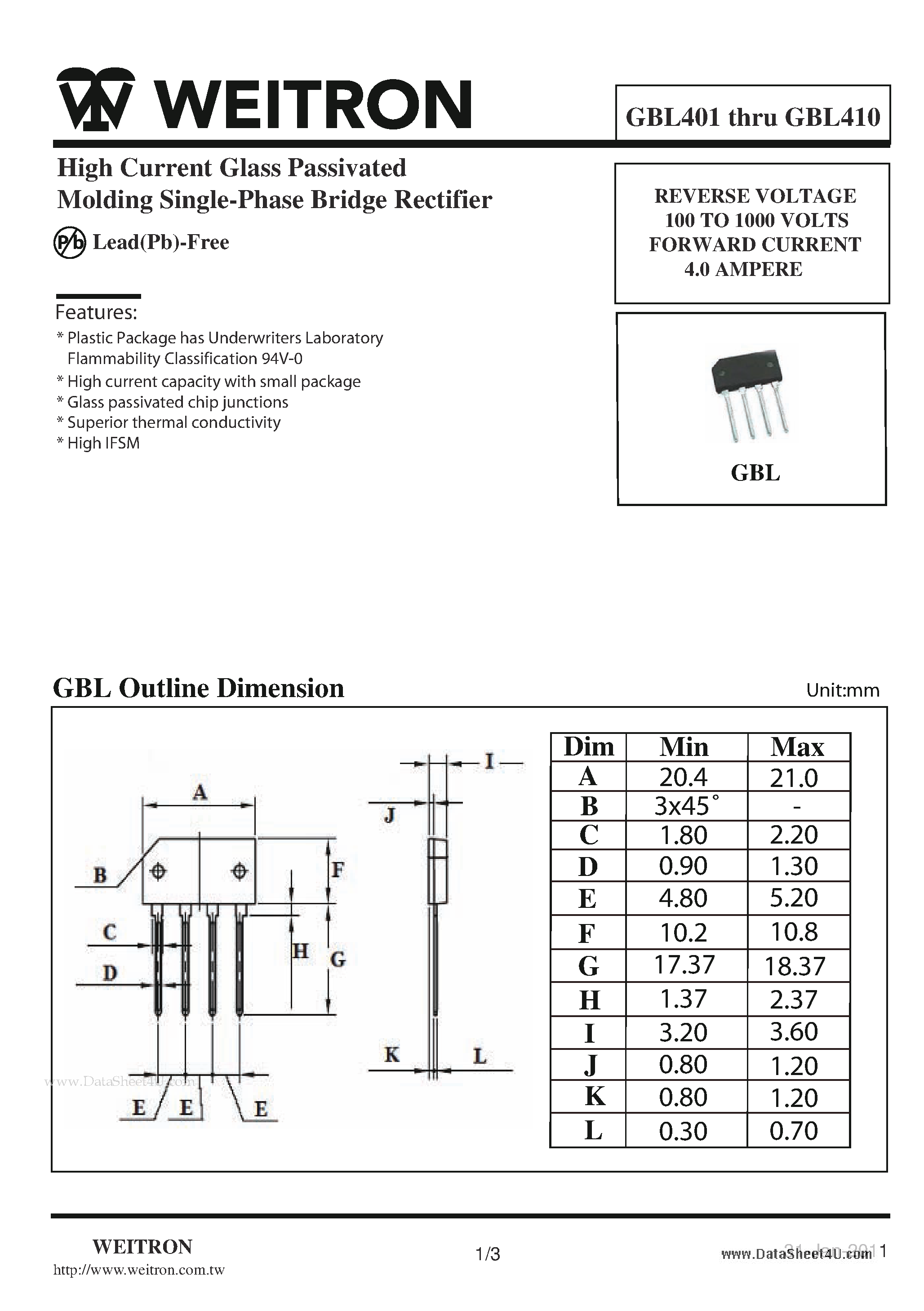 Datasheet GBL401 - High Current Glass Passivated Molding Single-Phase Bridge Rectifier page 1