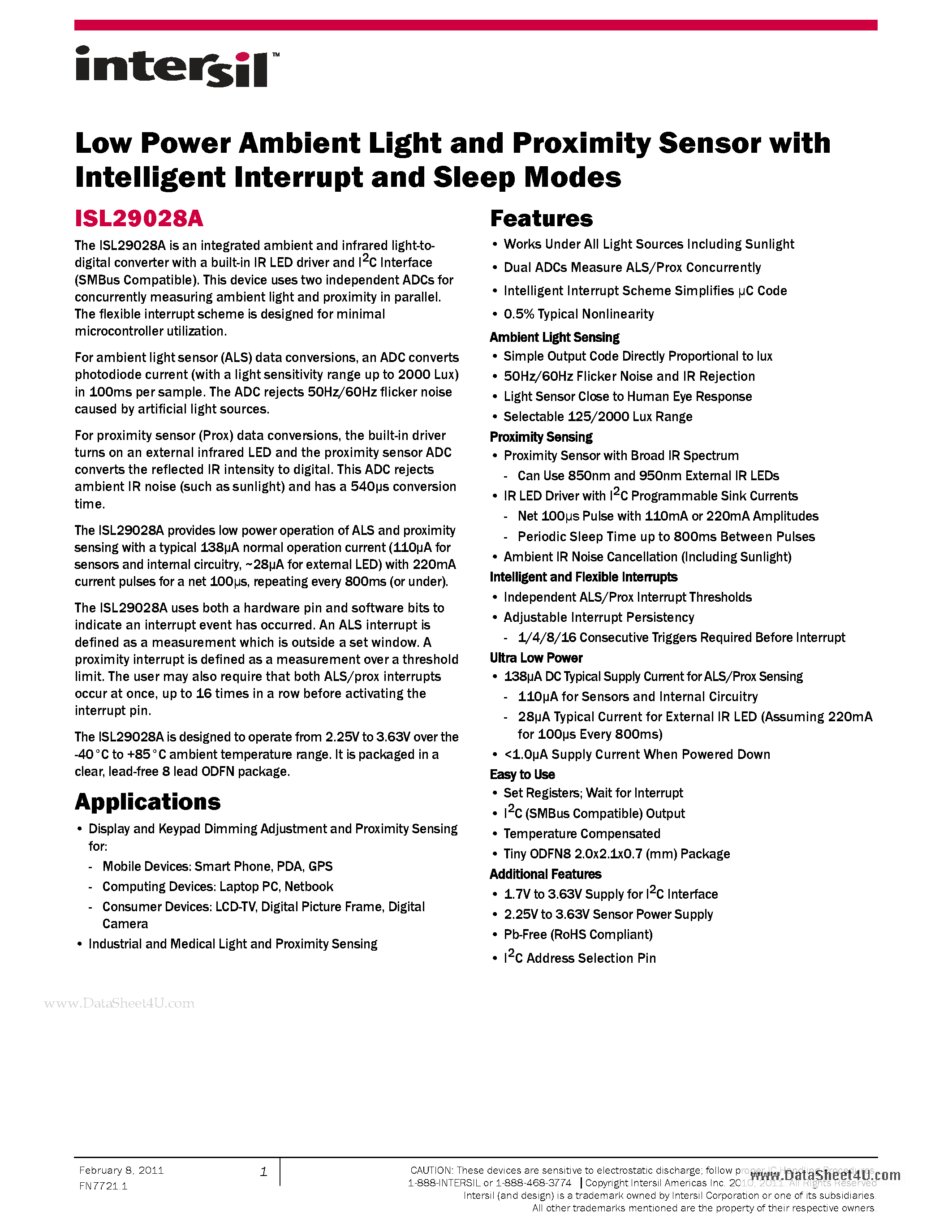 Даташит ISL29028A - Low Power Ambient Light and Proximity Sensor страница 1
