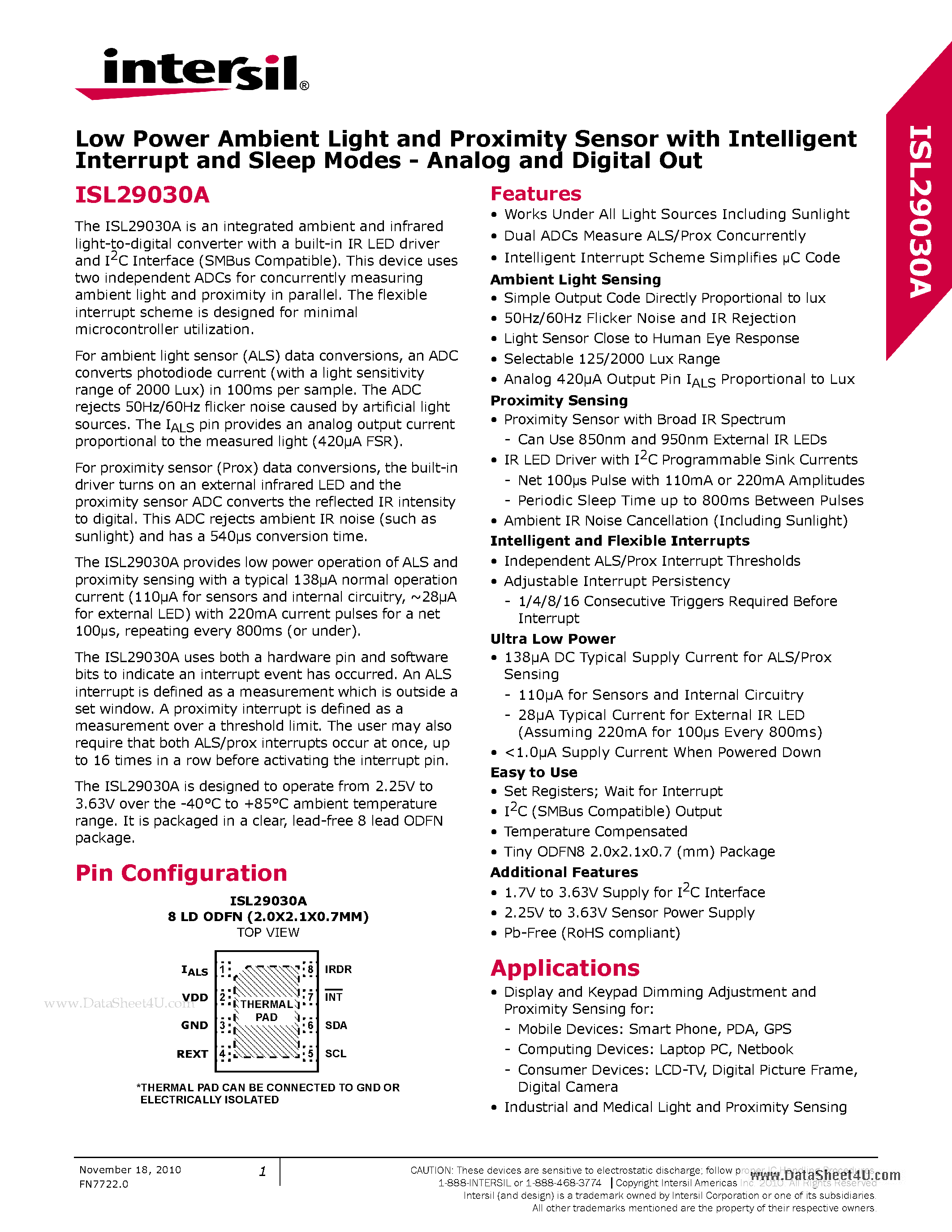 Даташит ISL29030A - Low Power Ambient Light and Proximity Sensor страница 1