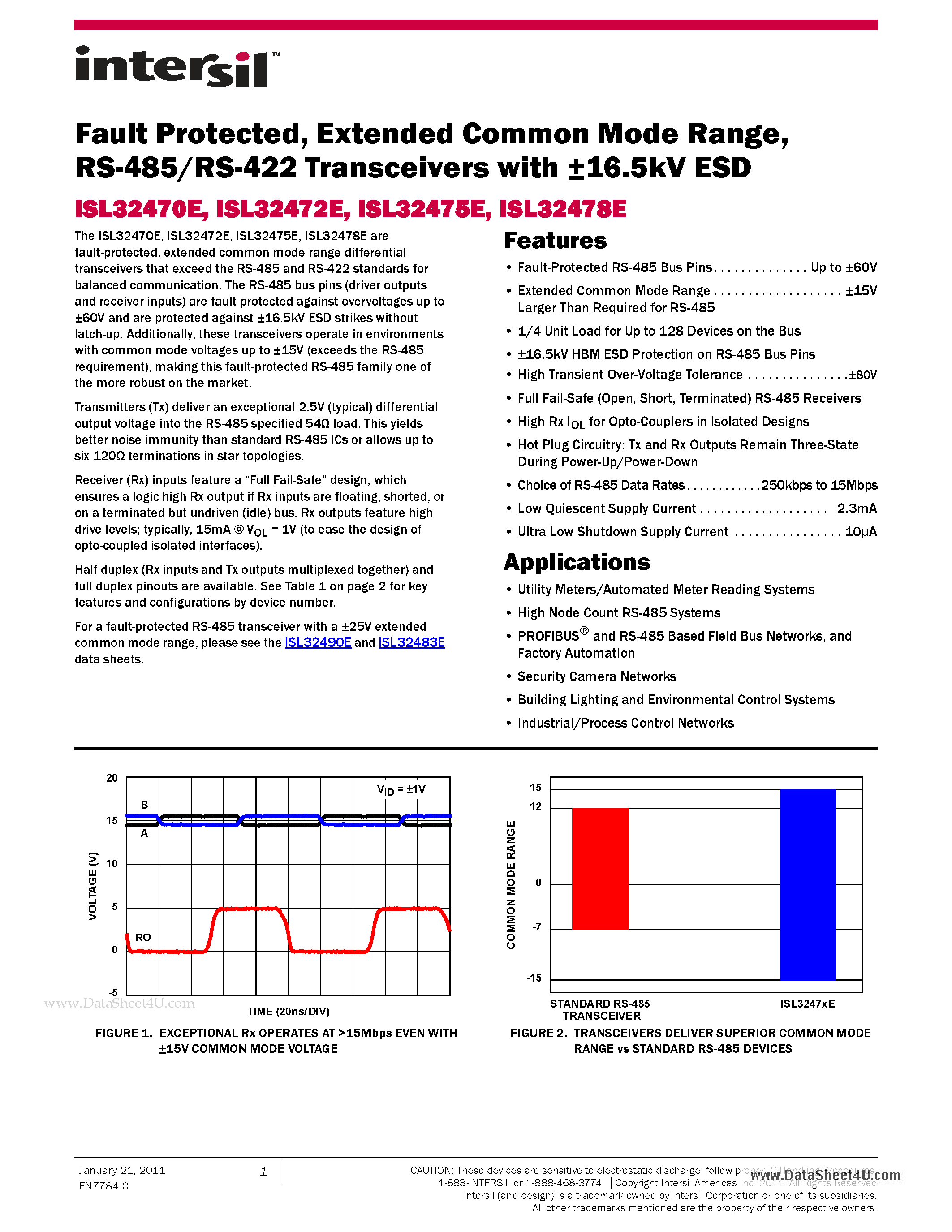 Даташит ISL32470E - Fault Protected - Extended Common Mode Range RS-485/RS-422 Transceivers страница 1