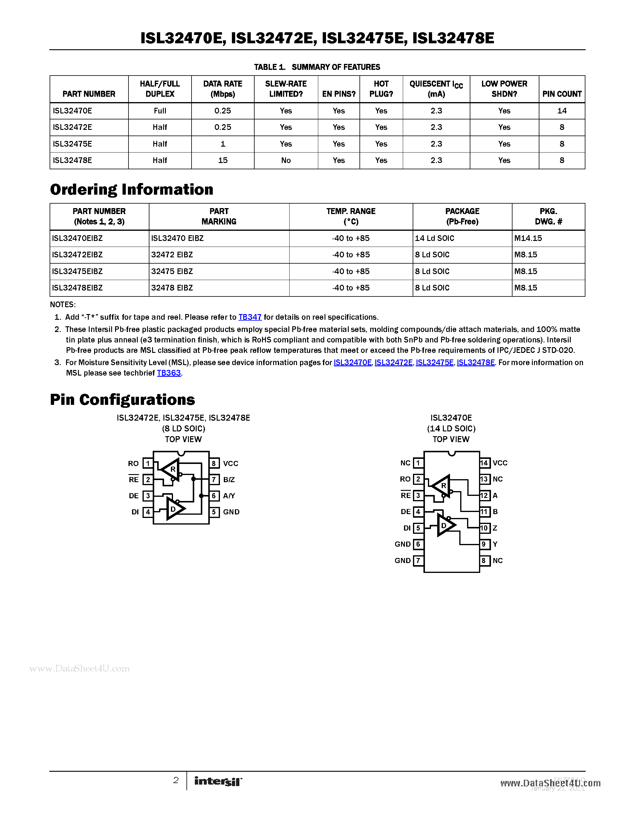 Даташит ISL32470E - Fault Protected - Extended Common Mode Range RS-485/RS-422 Transceivers страница 2