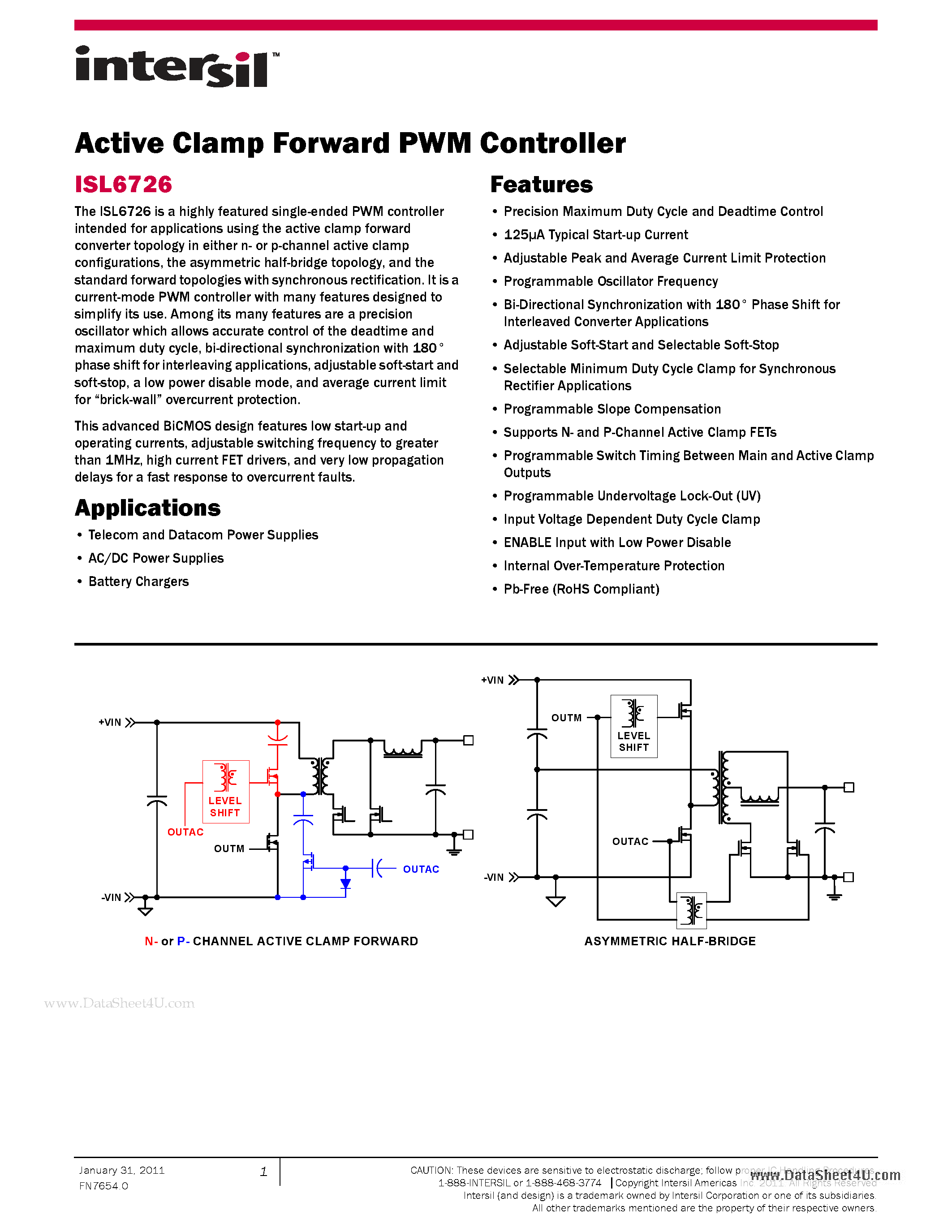 Даташит ISL6726 - Active Clamp Forward PWM Controller страница 1