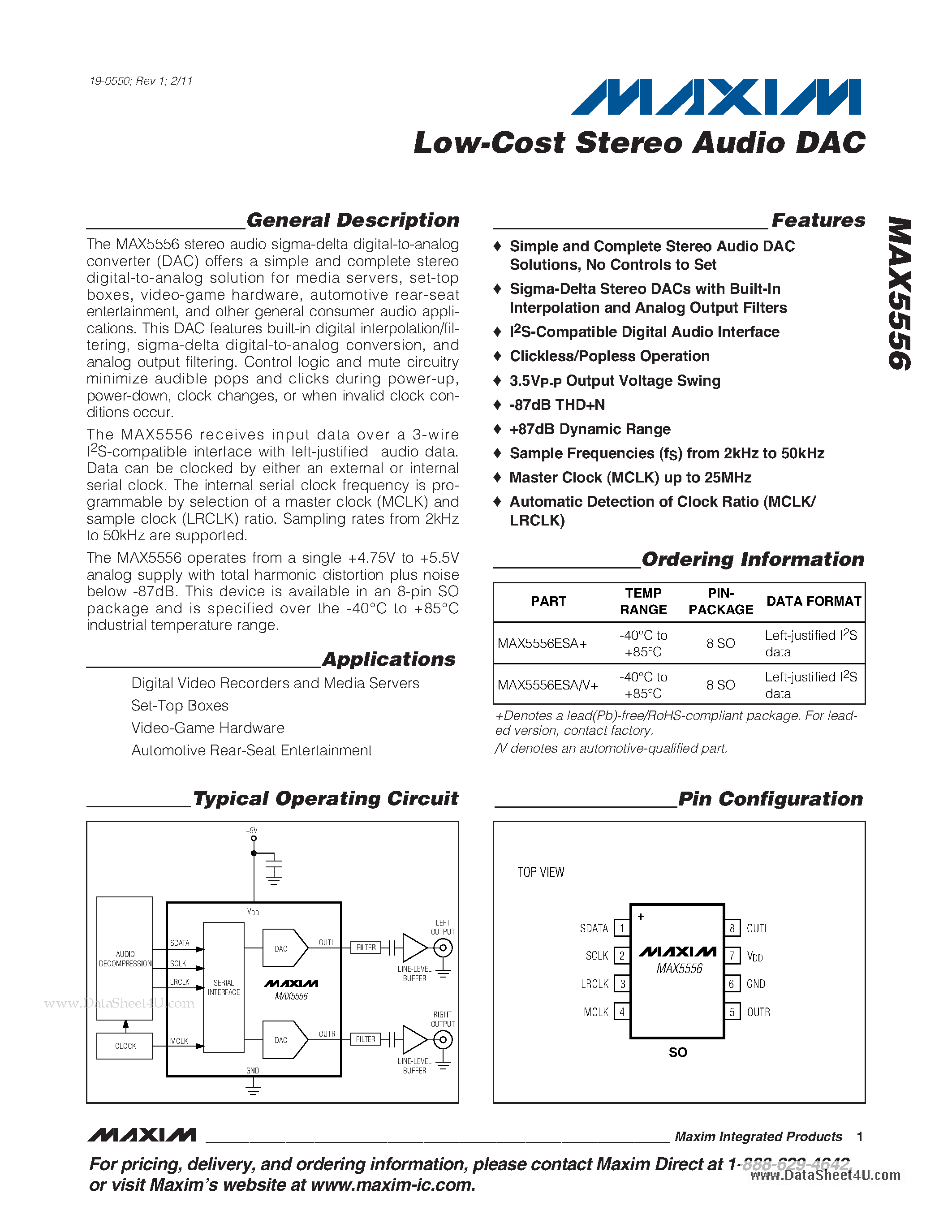 Datasheet MAX5556 - Low-Cost Stereo Audio DAC page 1
