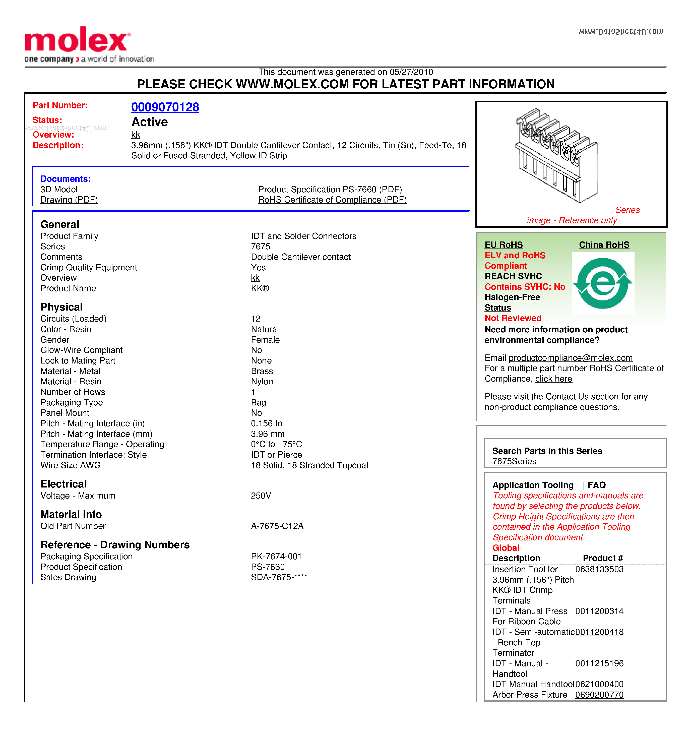 Datasheet A-7675-C12A - 3.96mm (.156 ) KK IDT Double Cantilever Contact / 12 Circuits / Tin (Sn) Feed- To 18 Solid or Fused Stranded Yellow ID Strip page 1