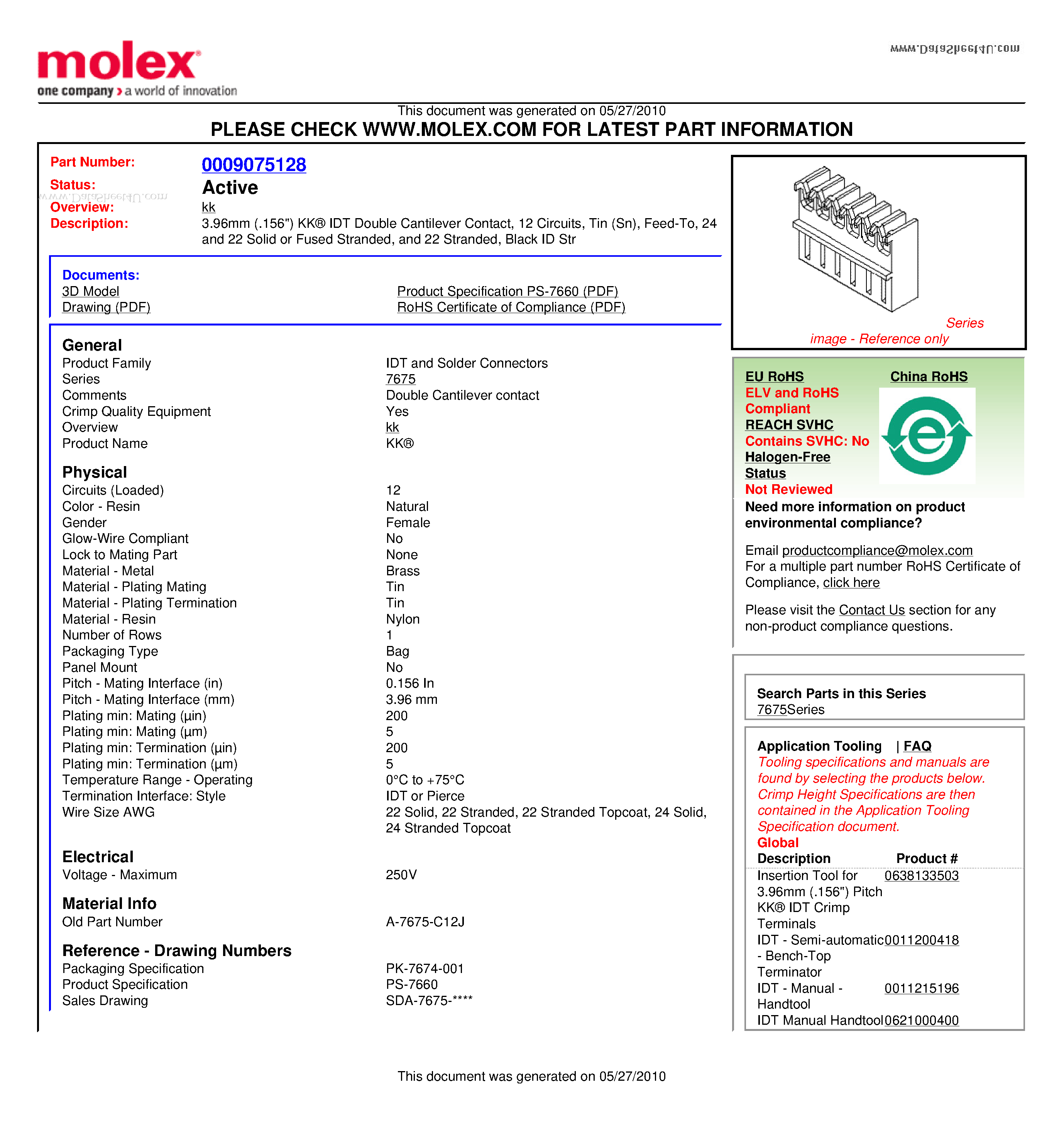 Datasheet A-7675-C12J - 3.96mm (.156 ) KK IDT Double Cantilever Contact / 12 Circuits / Tin (Sn) Feed- To 24 and 22 Solid or Fused Stranded and 22 Stranded / Black ID Str page 1