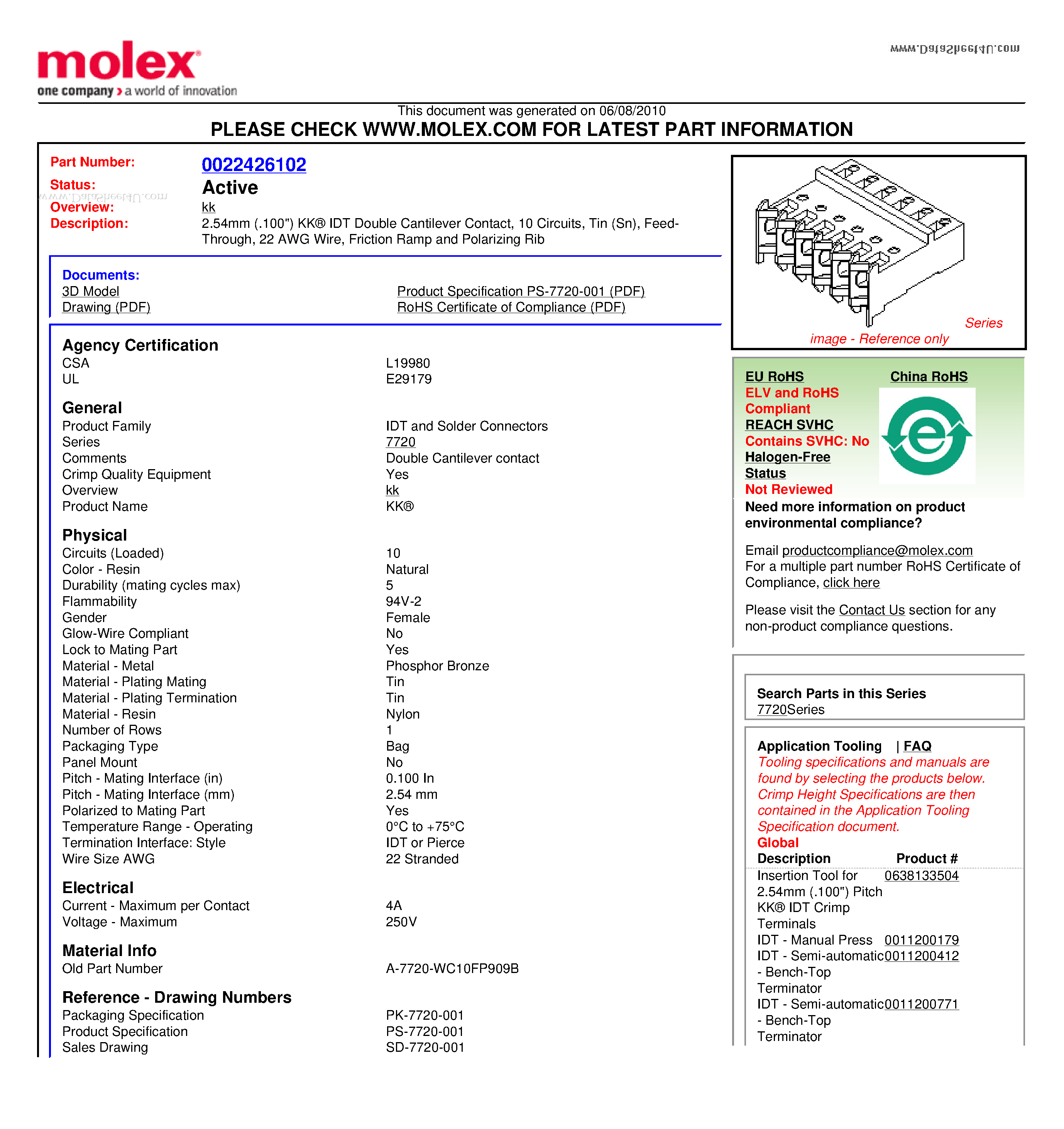 Datasheet A-7720-WC10FP909B - 2.54mm (.100) KK IDT Double Cantilever Contact / 10 Circuits / Tin (Sn) Feed-Through / 22 AWG Wire / Friction Ramp and Polarizing Rib page 1