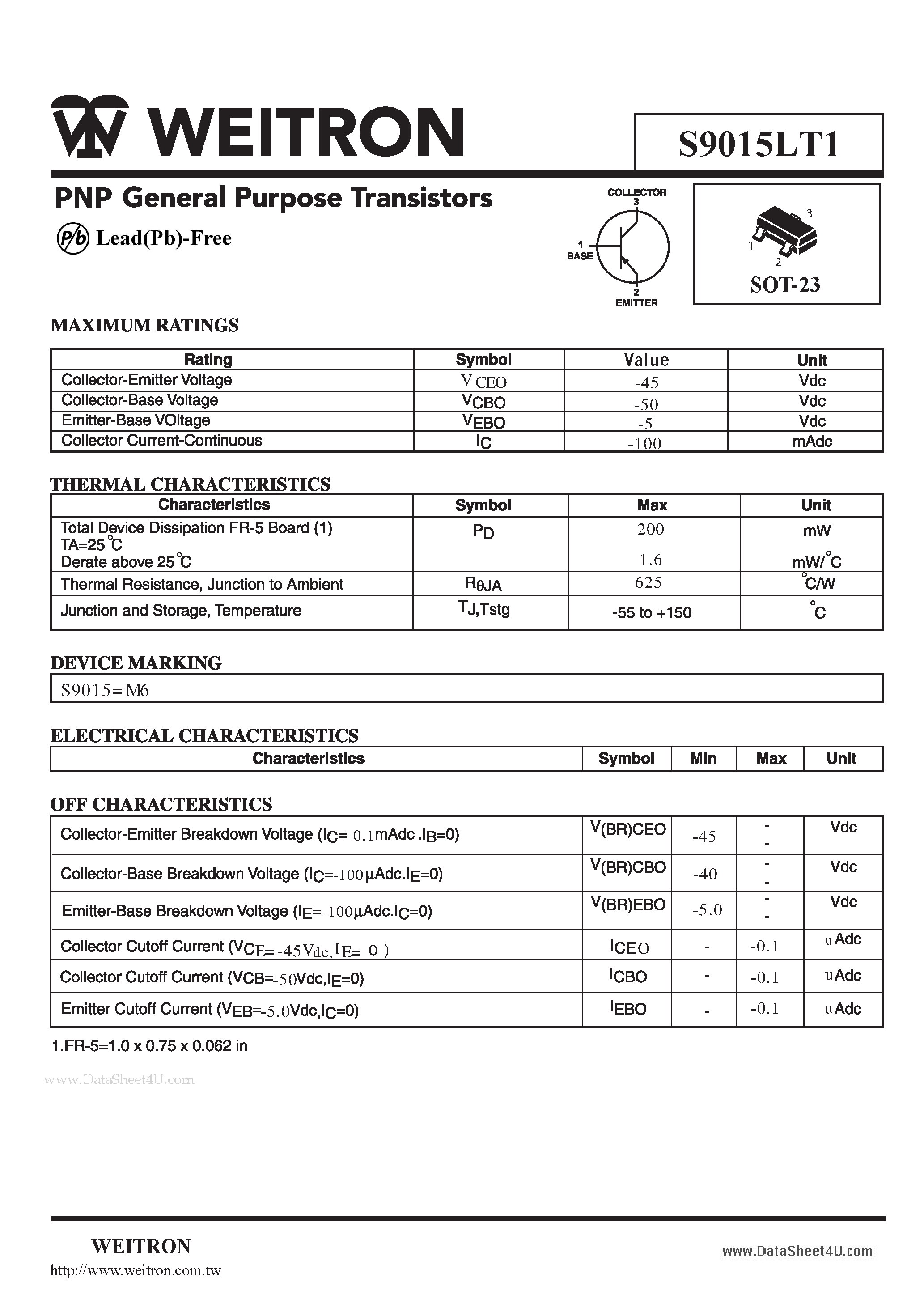 Datasheet S9015LT1 - PNP General purpose Transistors page 1