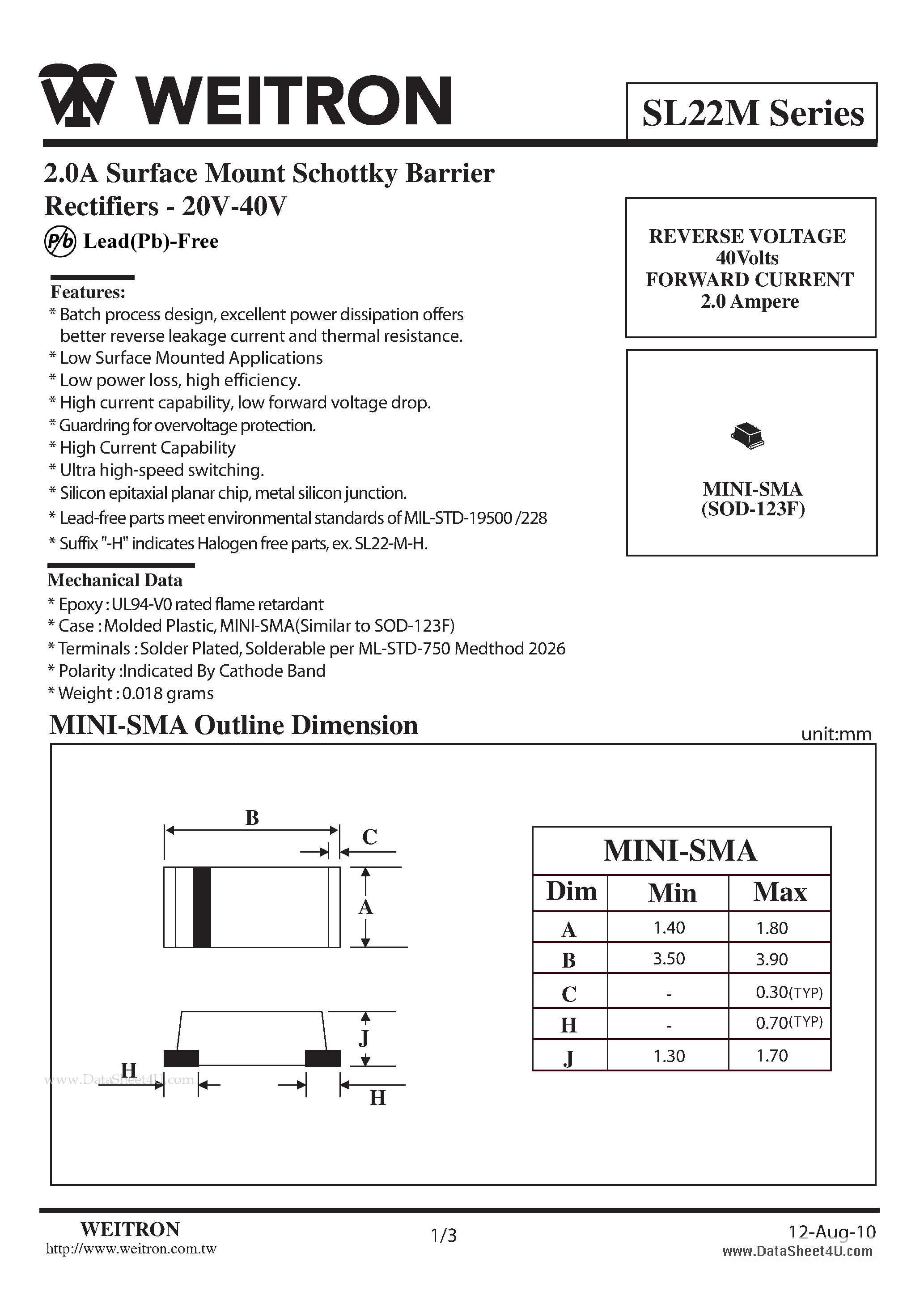 Даташит на микросхему SL22M страница 1 Даташит SL22M - 2.0A Surface Mount Schottky Barrier Rectifiers - 20V-40V страница 1