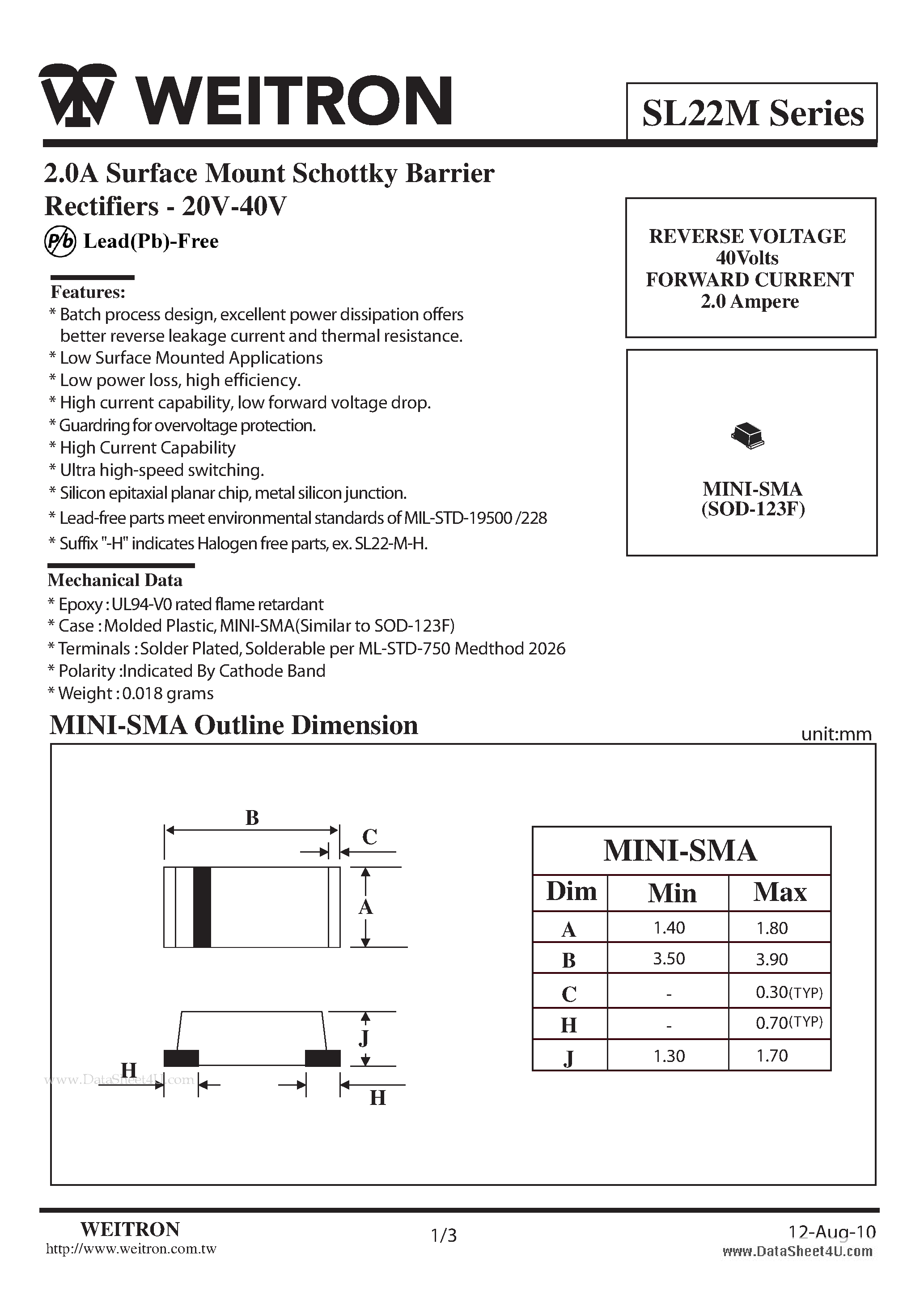 Datasheet SL22M - 2.0A Surface Mount Schottky Barrier Rectifiers - 20V-40V page 1