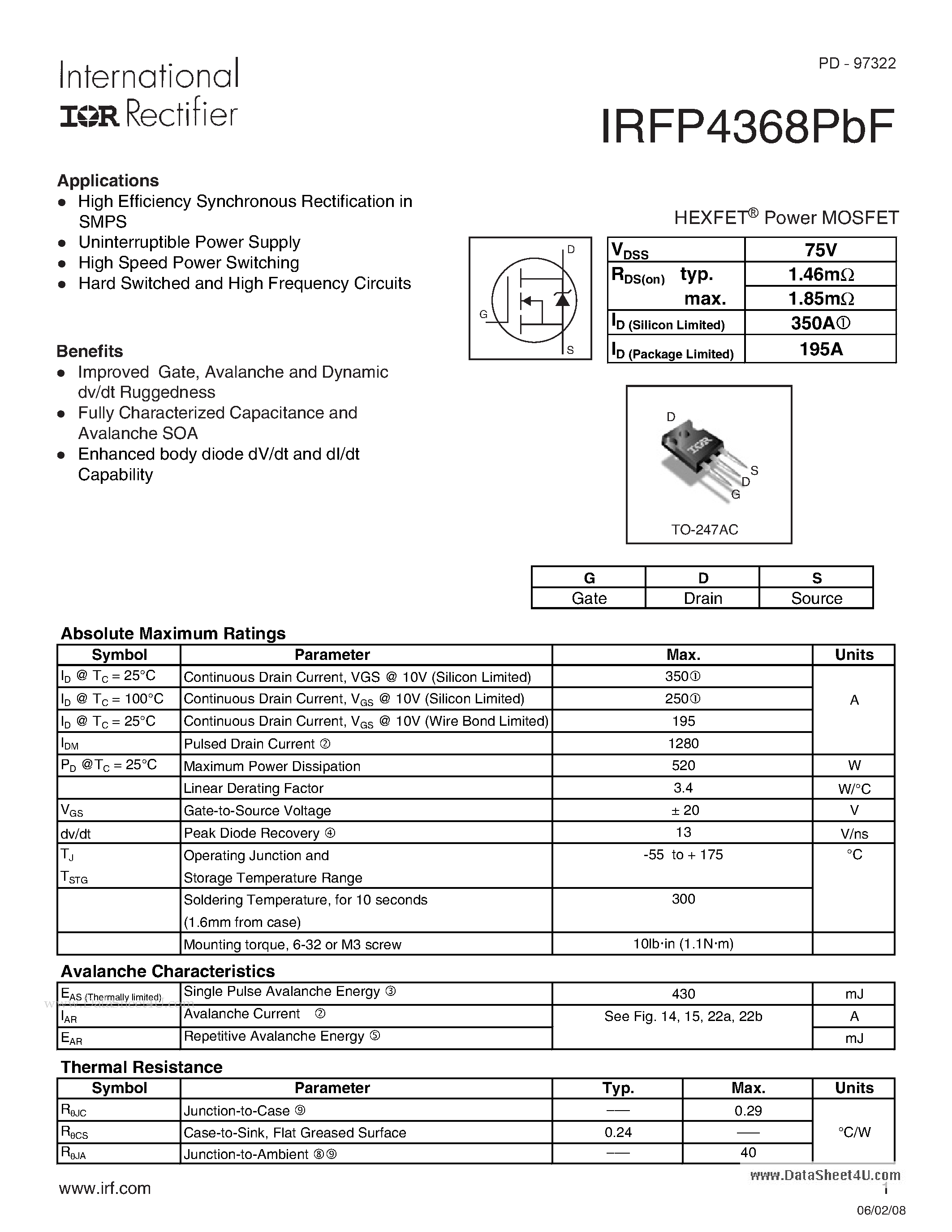 Datasheet IRFP4368PBF - HEXFET Power MOSFET page 1