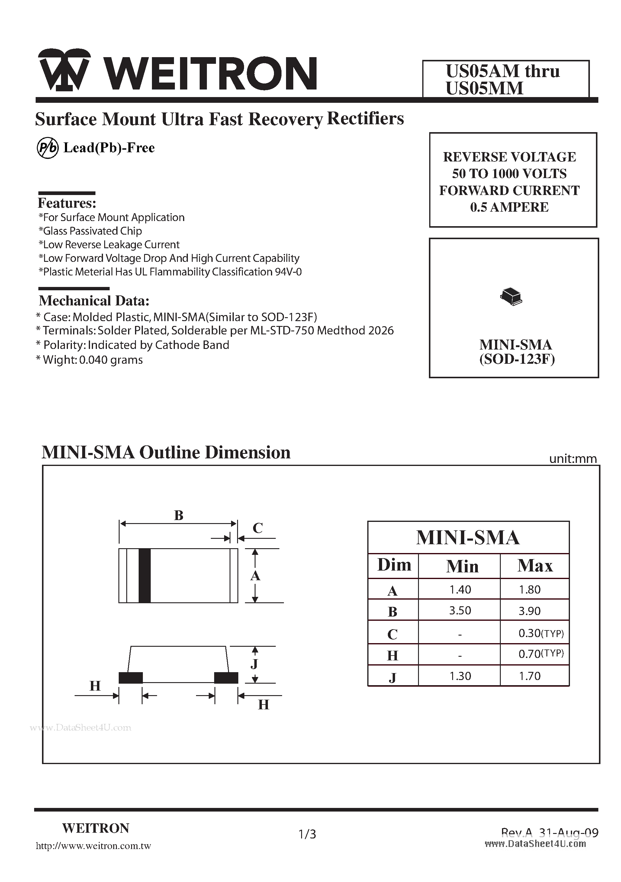 Datasheet US05AM - Surface Mount Ultra Fast Recovery Rectifiers page 1