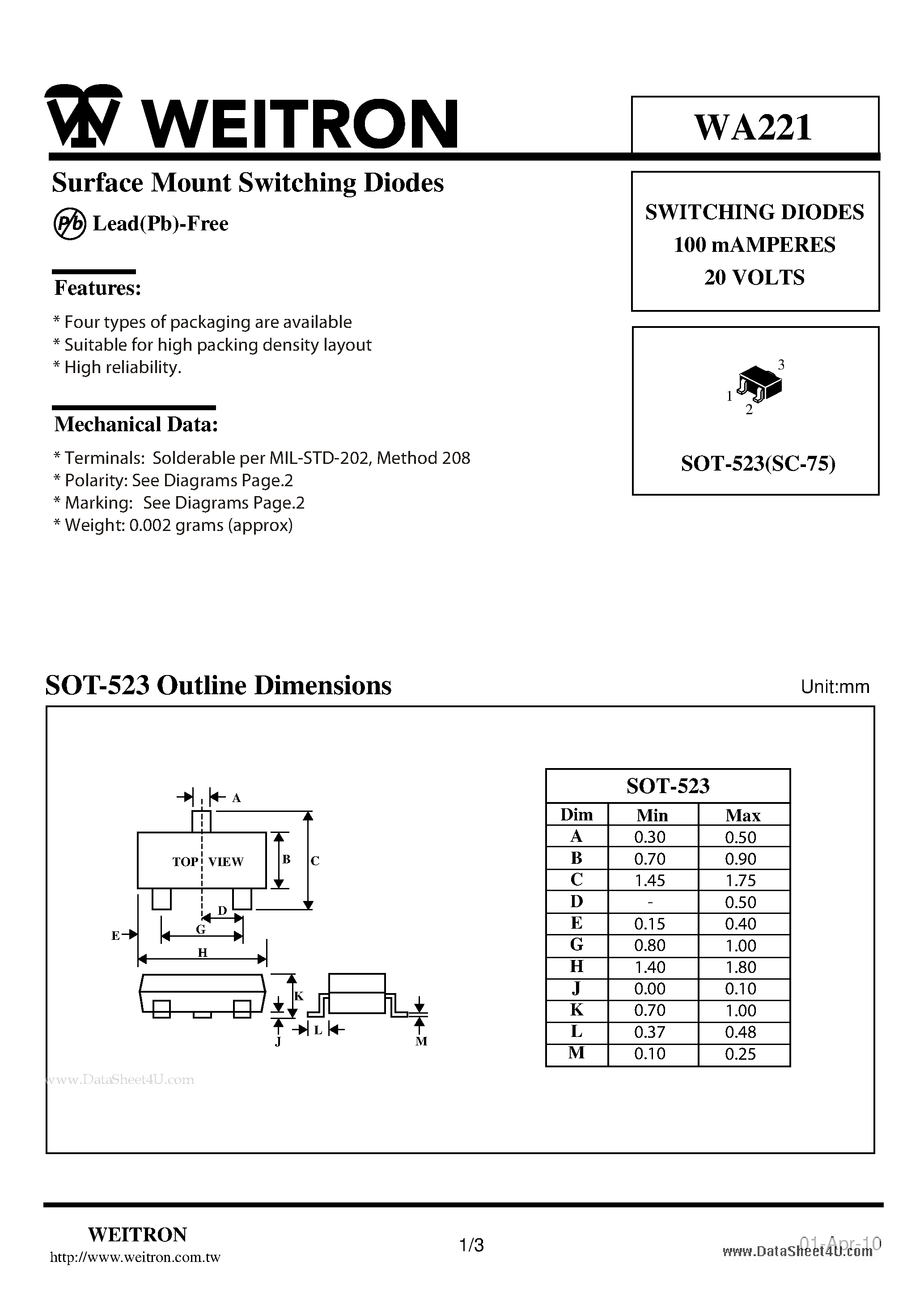 Datasheet WA221 - Surface Mount Switching Diodes page 1