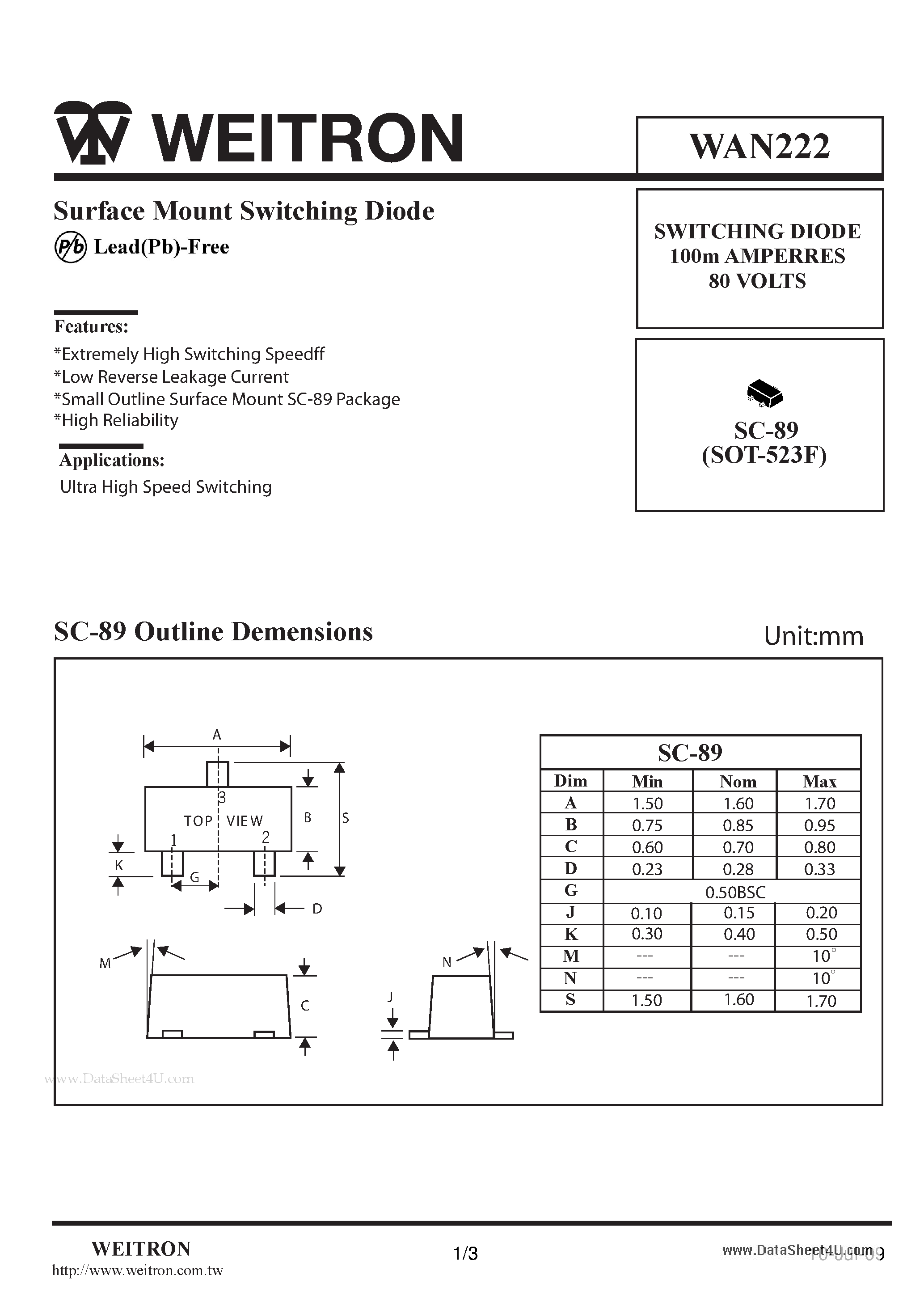 Datasheet WAN222 - Surface Mount Switching Diode page 1