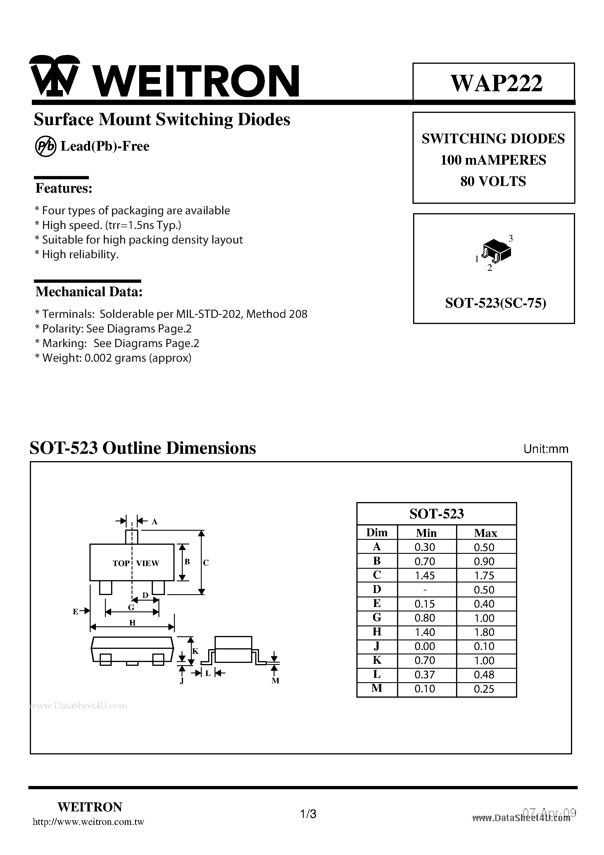 Datasheet WAP222 - Surface Mount Switching Diode page 1