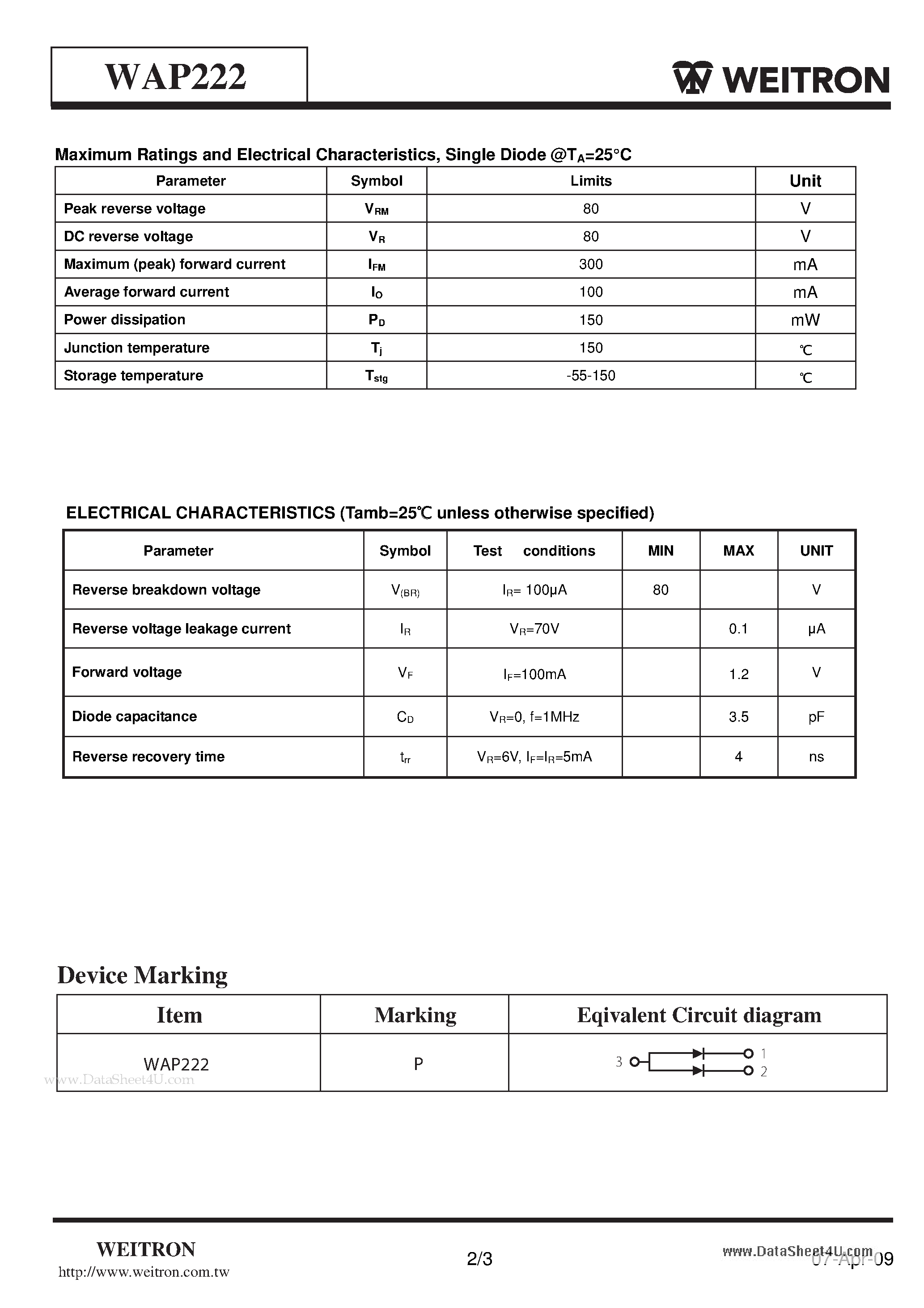 Datasheet WAP222 - Surface Mount Switching Diode page 2
