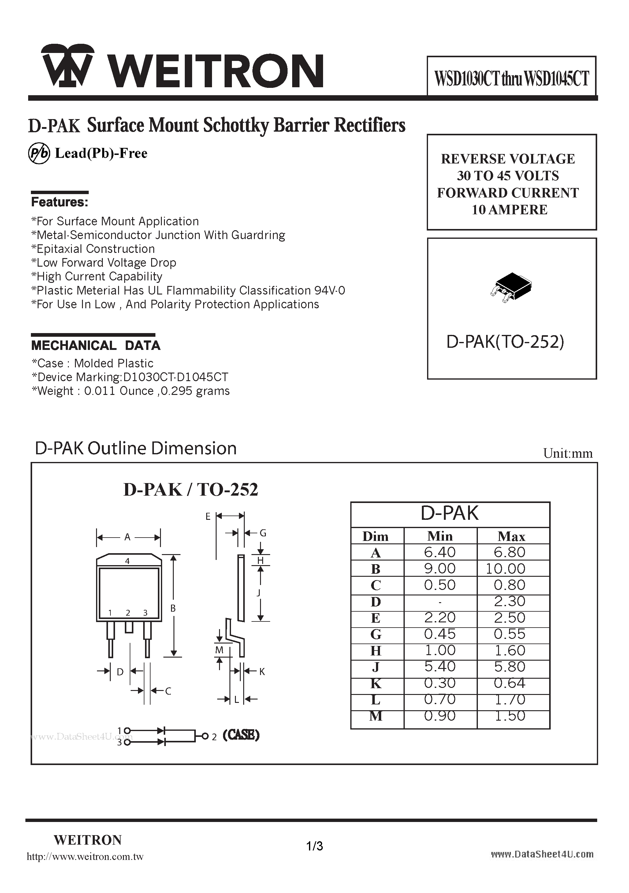 Datasheet WSD1030CT page 1 Datasheet WSD1030CT - D-PAK Surface Mount Schottky Barrier Rectifiers page 1