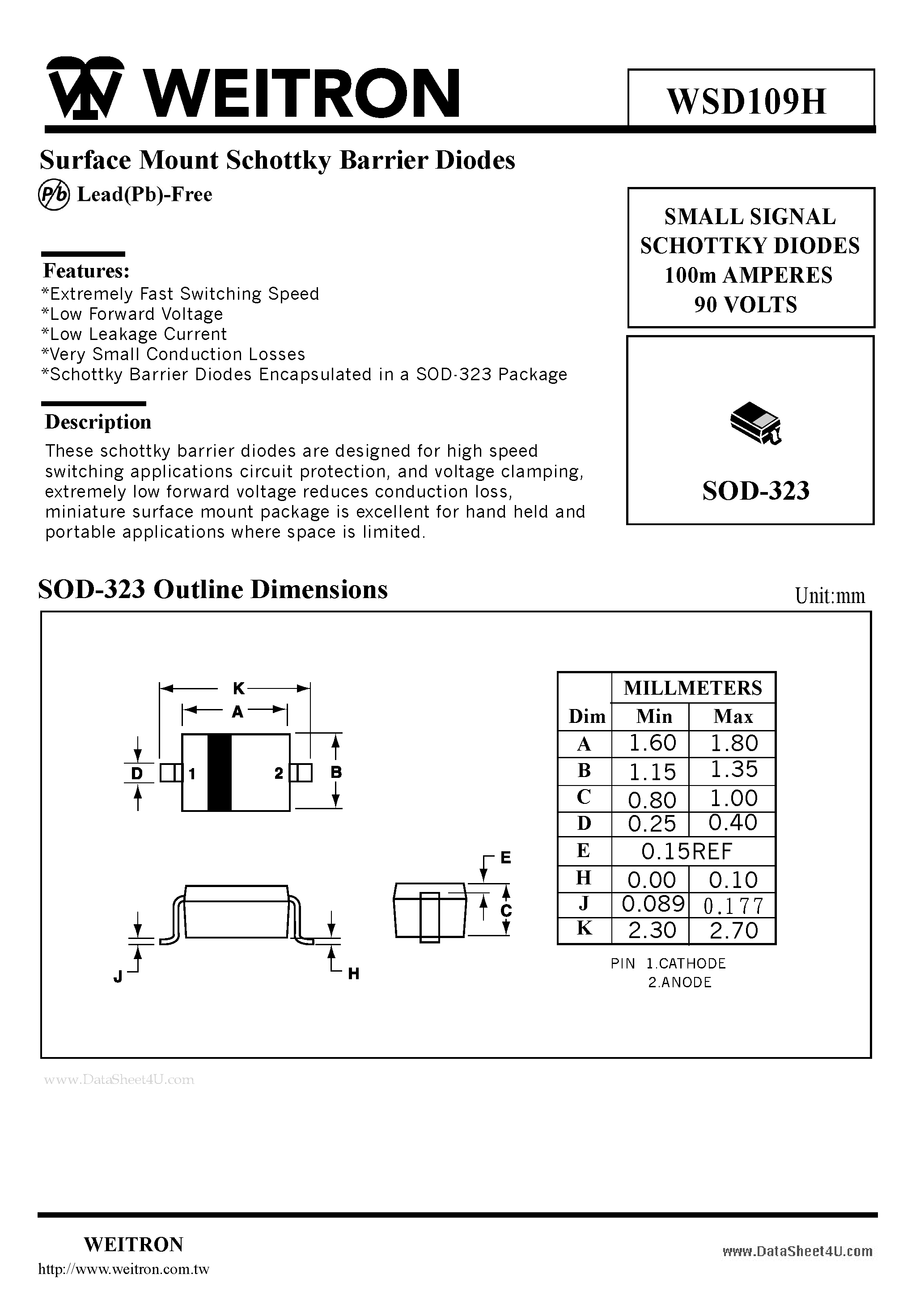 Datasheet WSD109H - Surface Mount Schottky Barrier Diodes page 1