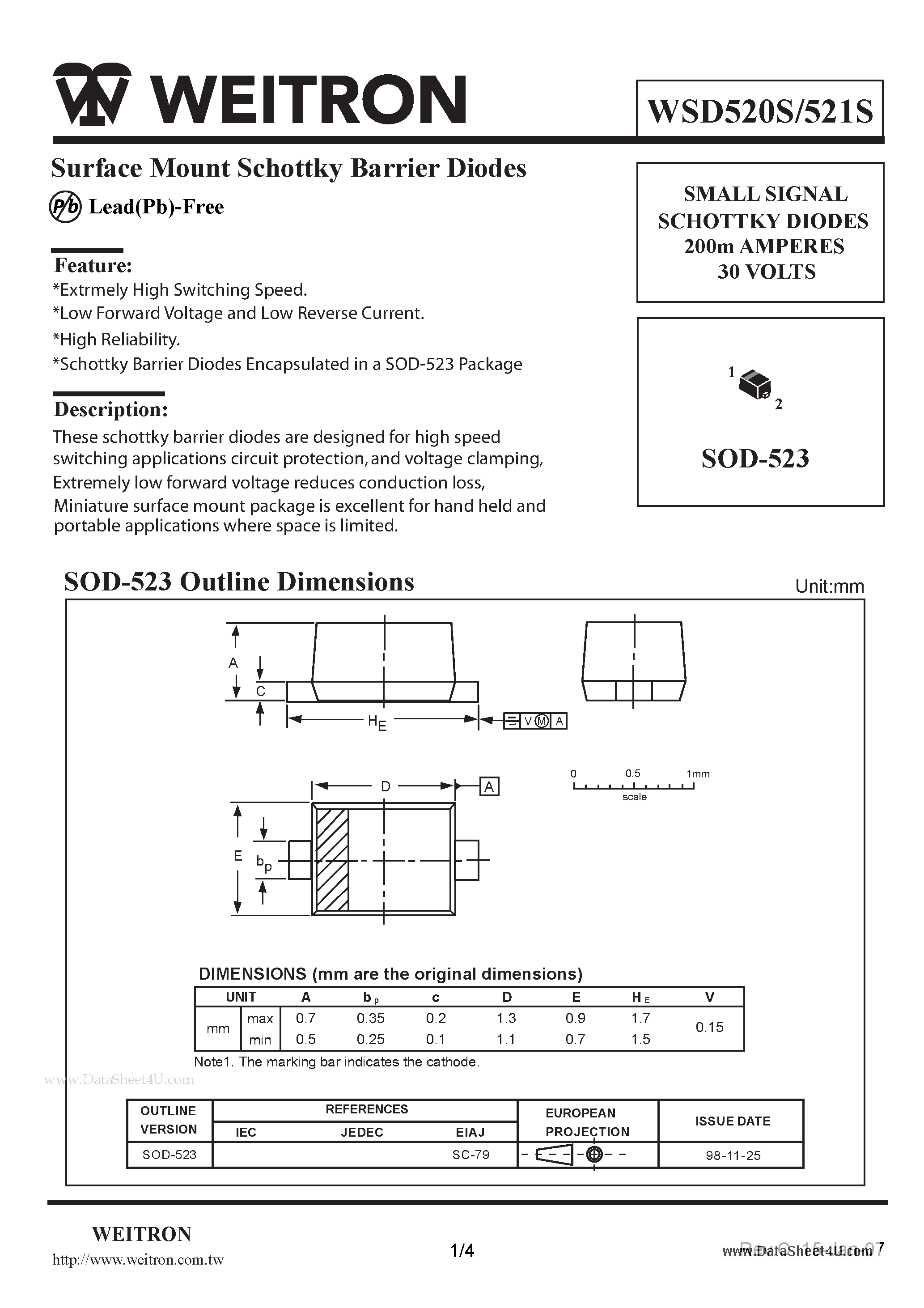 Datasheet WSD520S - Surface Mount Schottky Barrier Diodes page 1