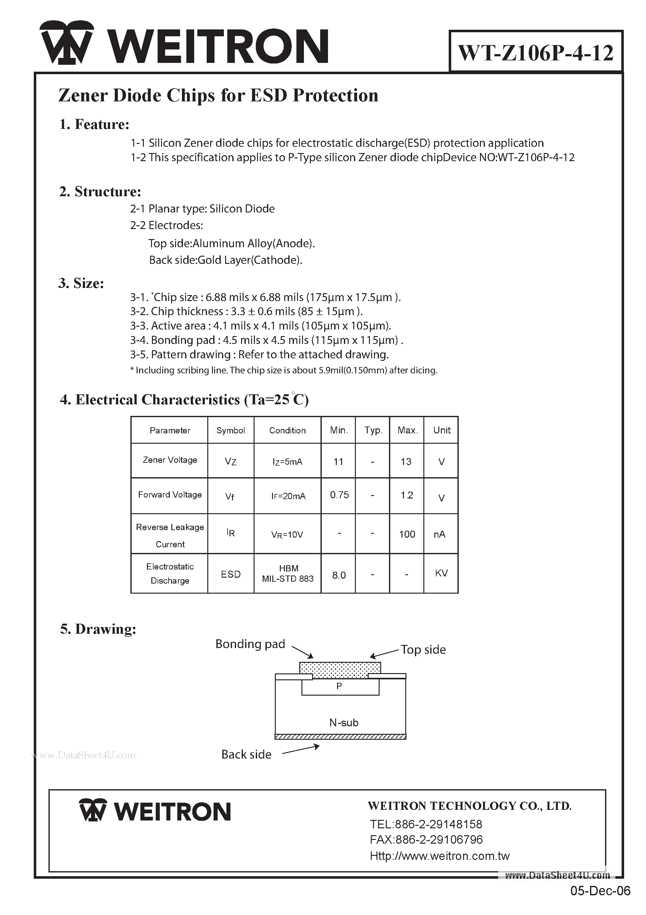 Datasheet WT-Z106P-4-12 page 1 Datasheet WT-Z106P-4-12 - Zener Diode Chips page 1