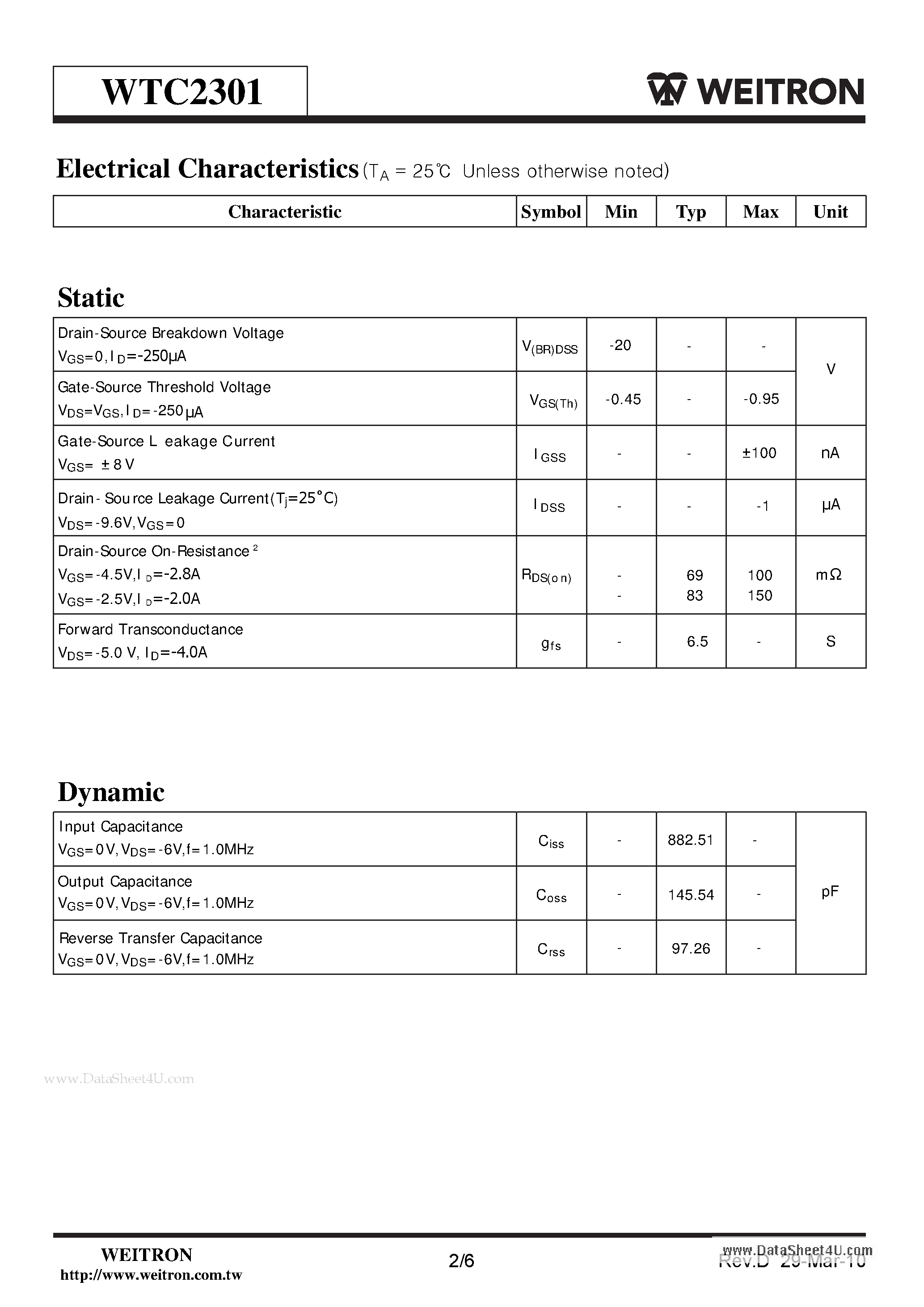 Даташит на микросхему WTC2301 страница 2 Даташит WTC2301 - P-Channel Enhancement Mode Power MOSFET страница 2
