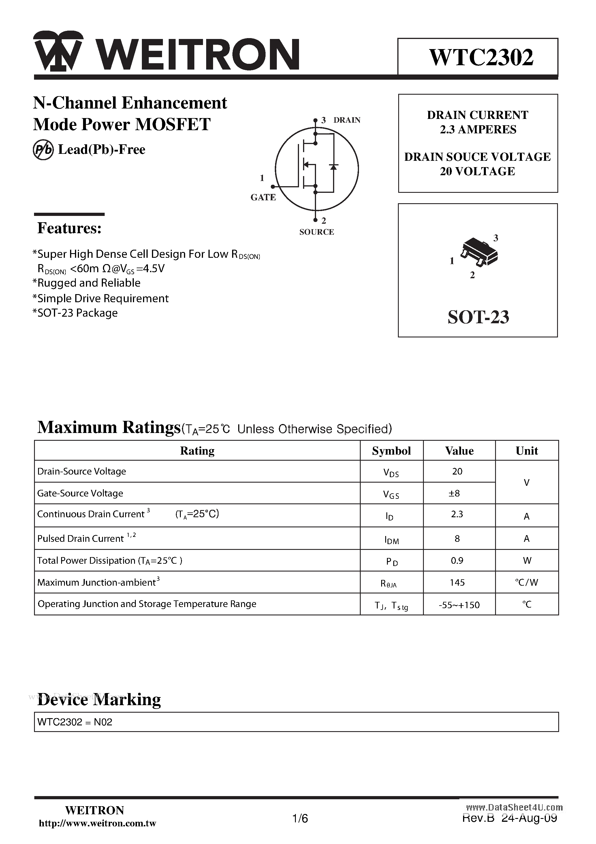 Datasheet WTC2302 page 1 Datasheet WTC2302 - N-Channel Enhancement Mode Power MOSFET page 1