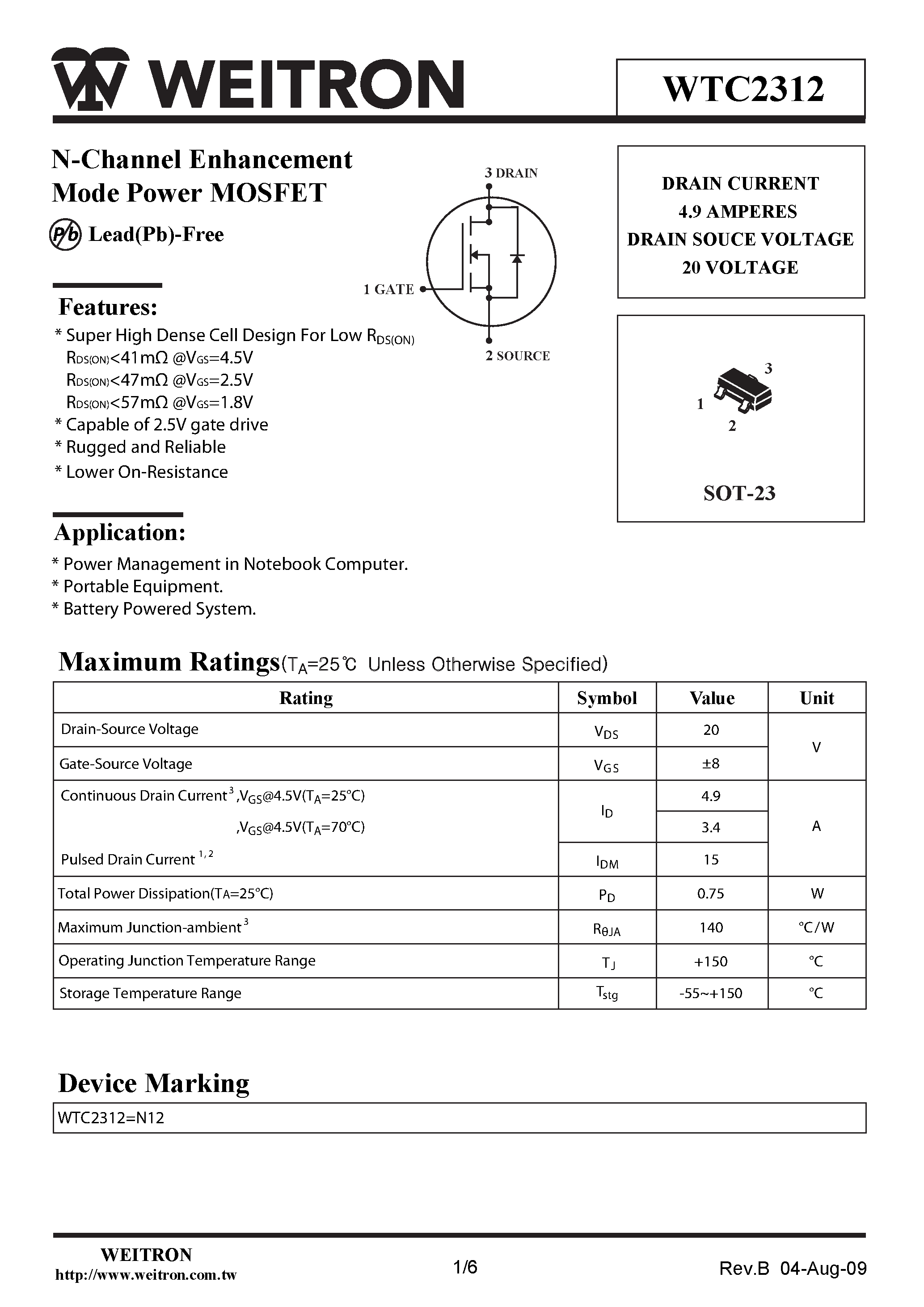 Datasheet WTC2312 page 1 Datasheet WTC2312 - N-Channel Enhancement Mode Power MOSFET page 1